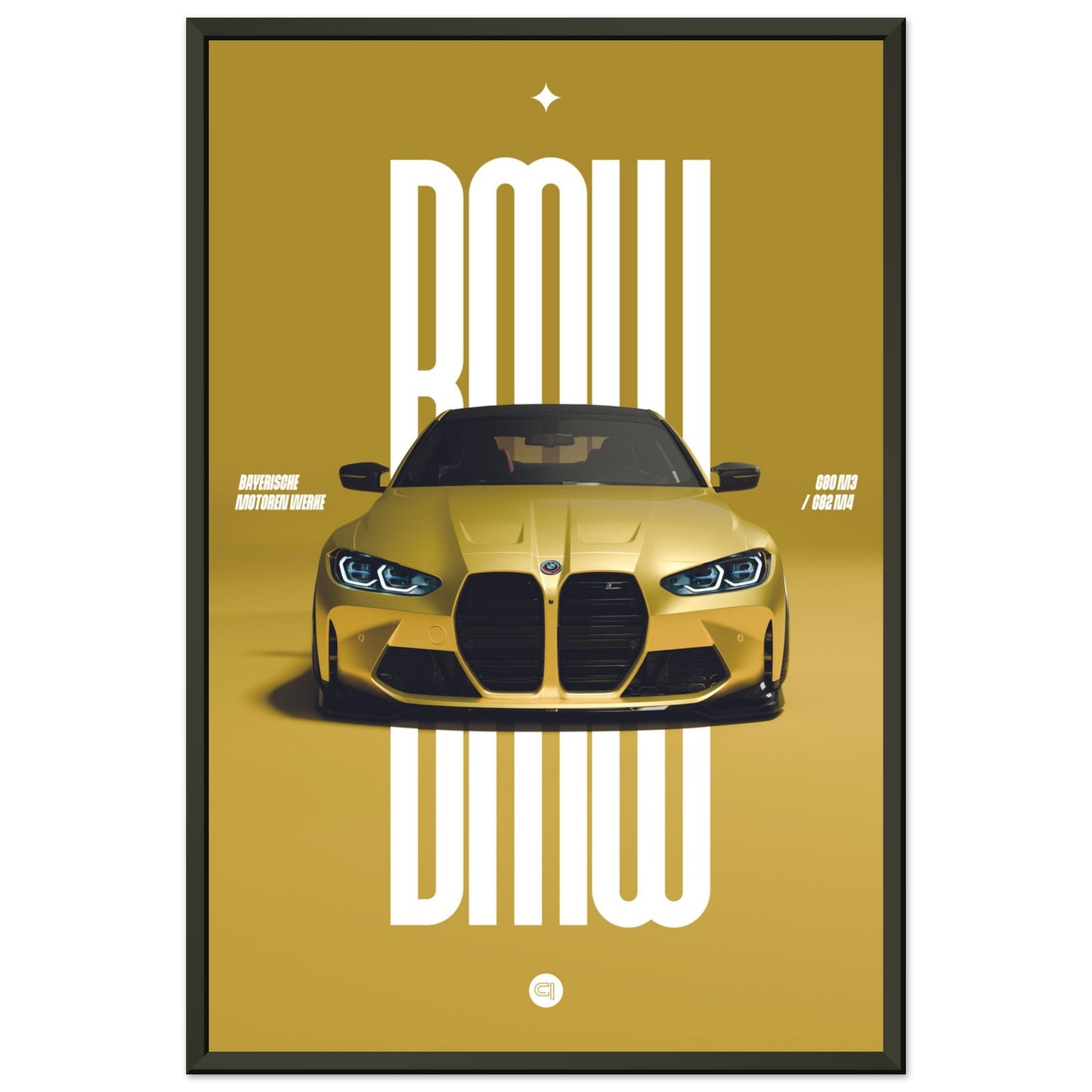 Framed Car Poster - BMW G80 M3 / G82 M4 Bumper - Yellow