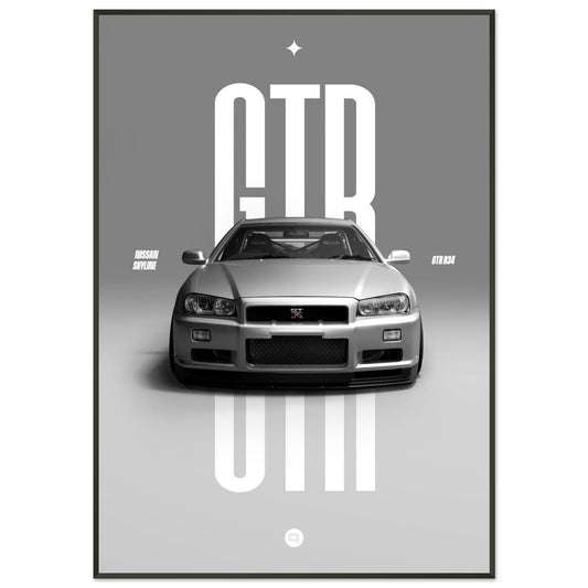 Framed Car Poster - Nissan Skyline GTR R34 - White