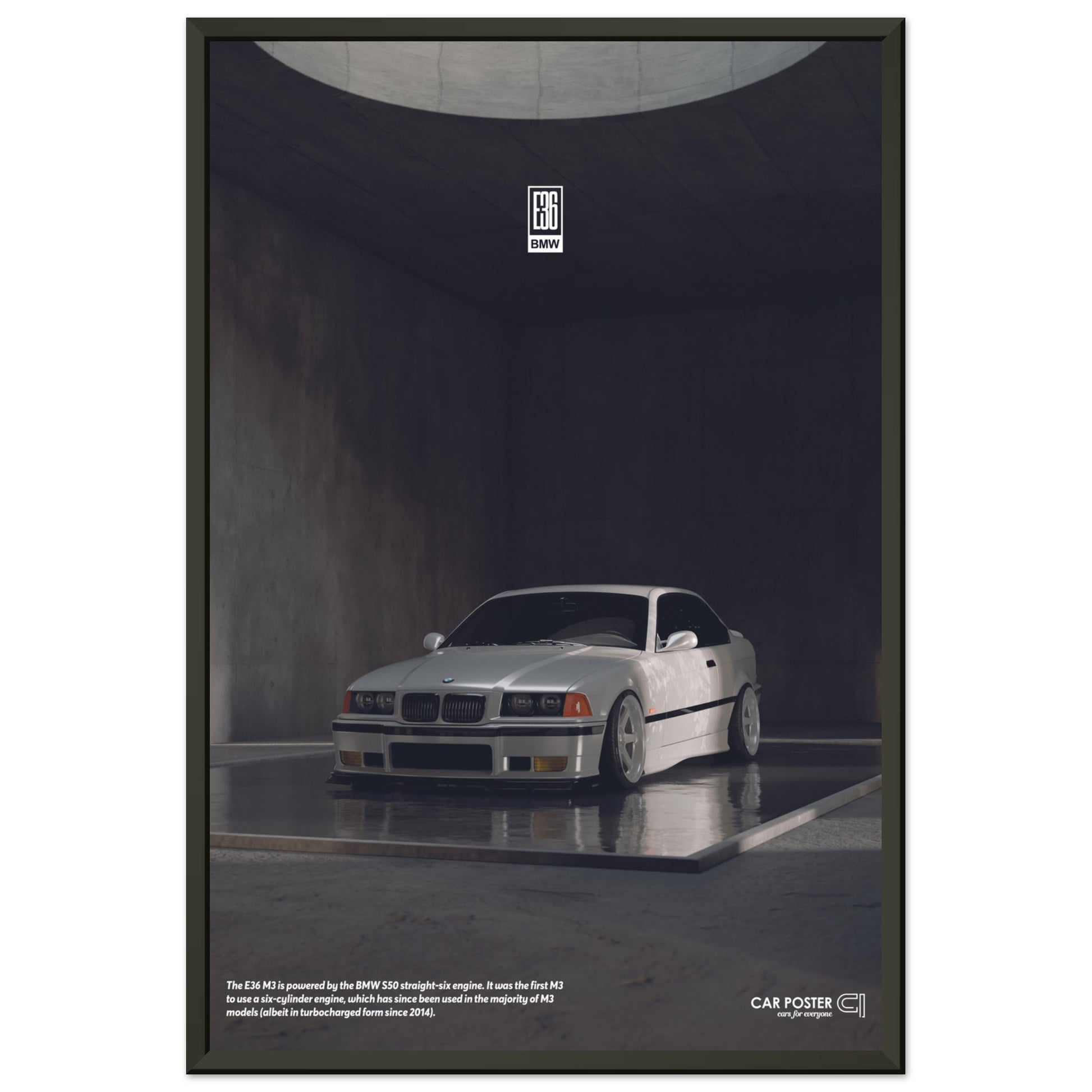 Framed Car Poster - BMW E36 M3 - White