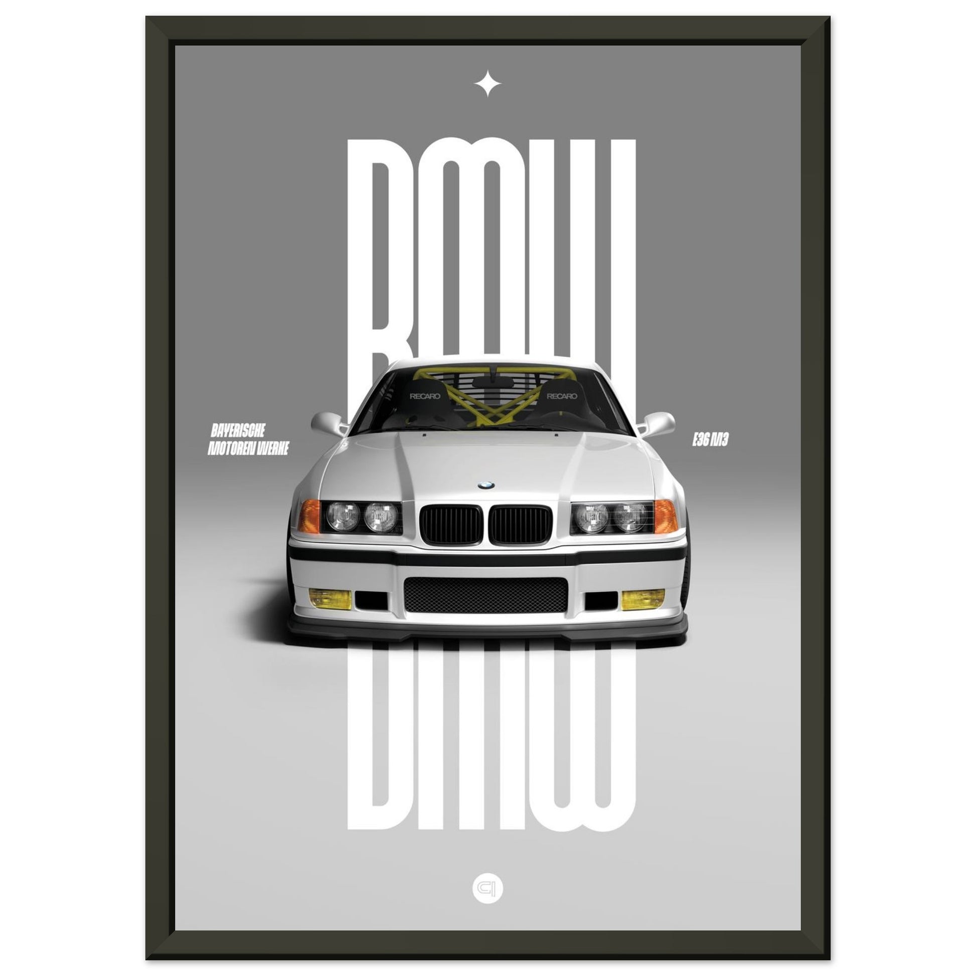 Framed Car Poster - BMW E36 - White
