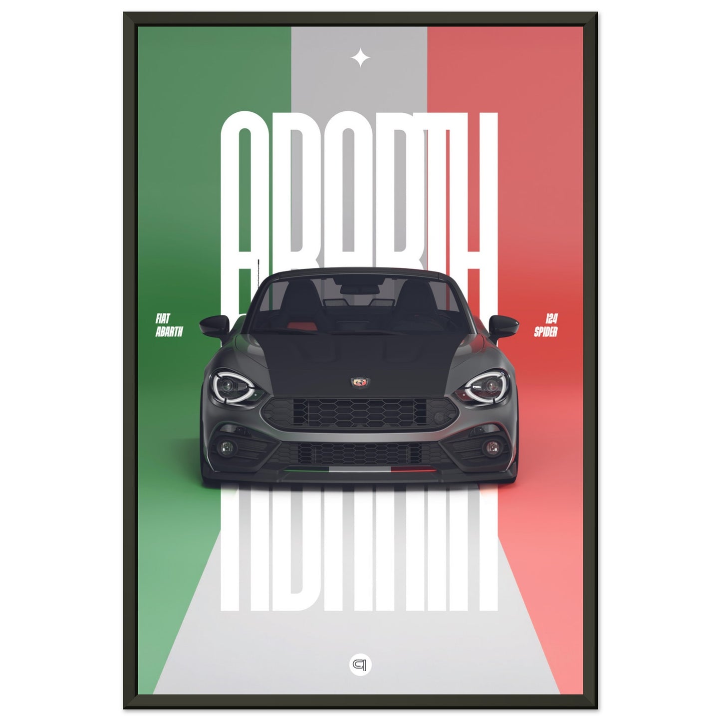 Framed Car Poster - Fiat Abarth 124 Spider - Italy white typo
