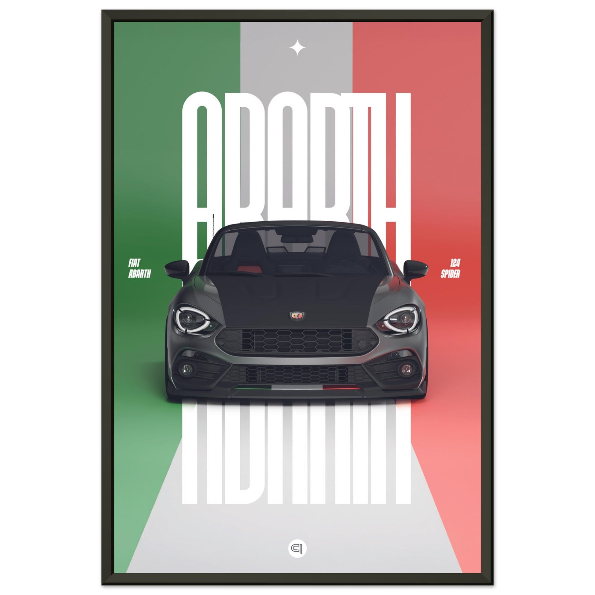 Framed Car Poster - Fiat Abarth 124 Spider - Italy white typo