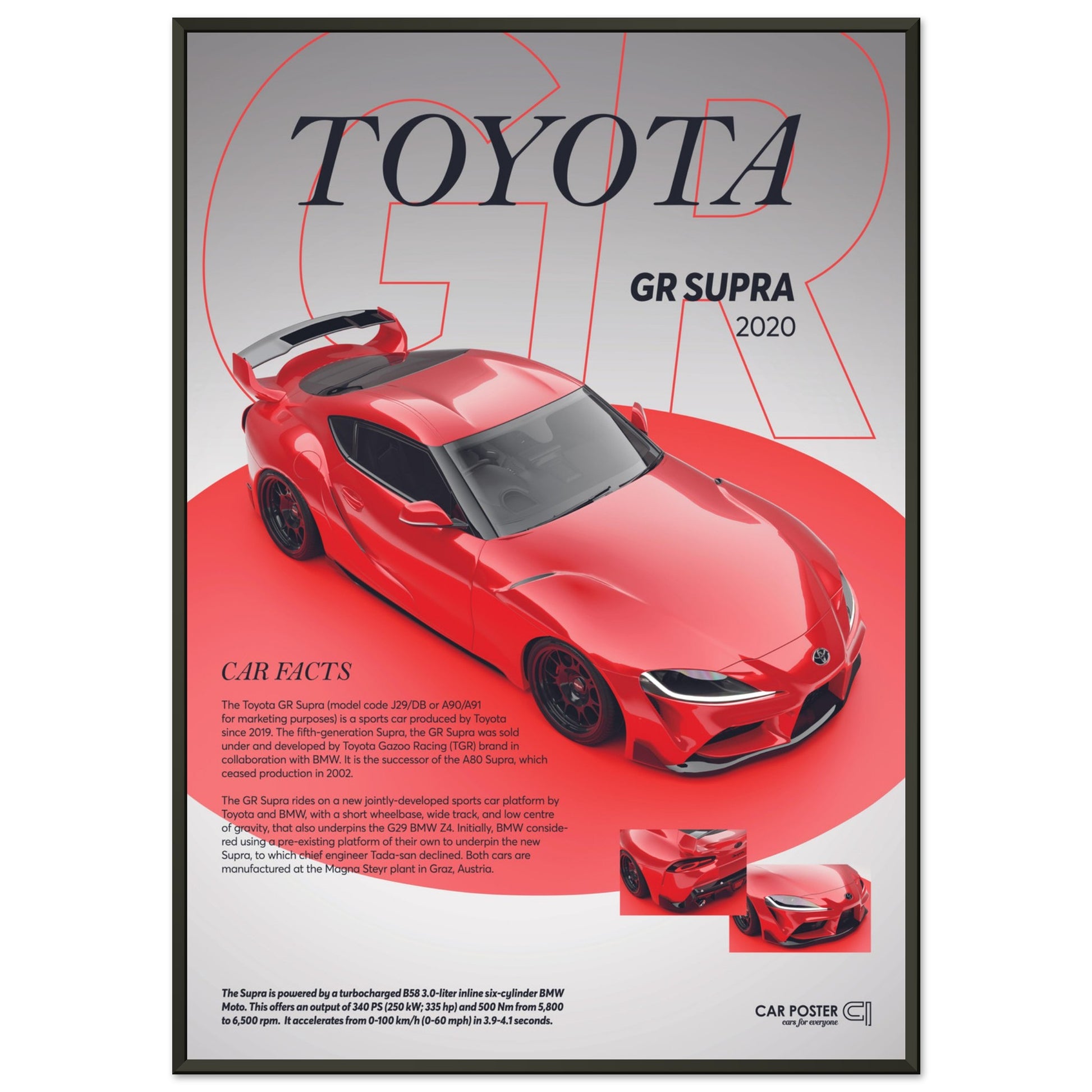 Framed Car Poster - Toyota GR Supra - Red