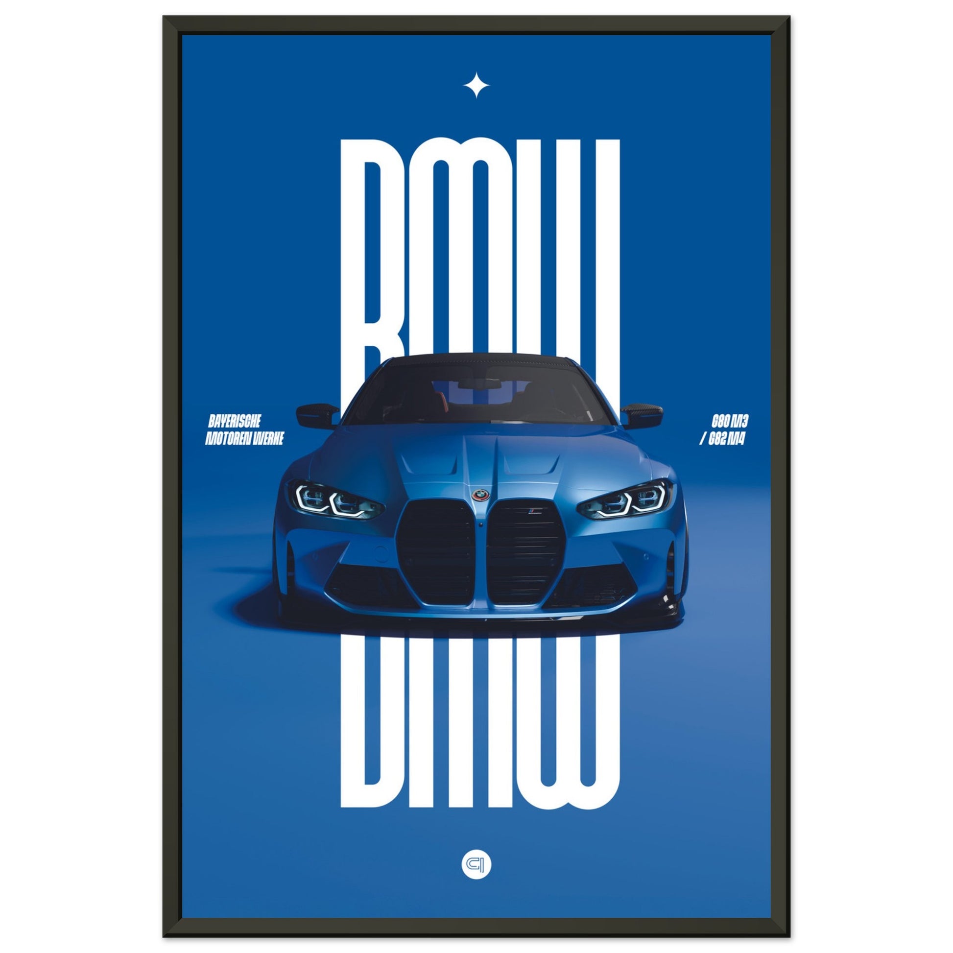 Framed Car Poster - BMW G80 M3 / G82 M4 Bumper - Blue