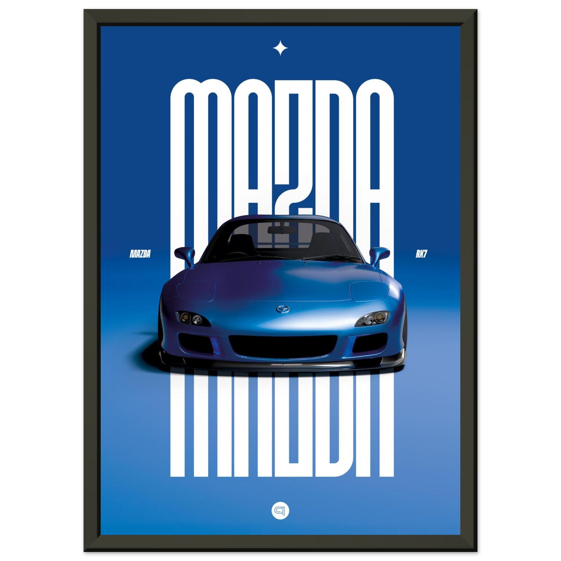 Framed Car Poster - Mazda RX7 - Blue