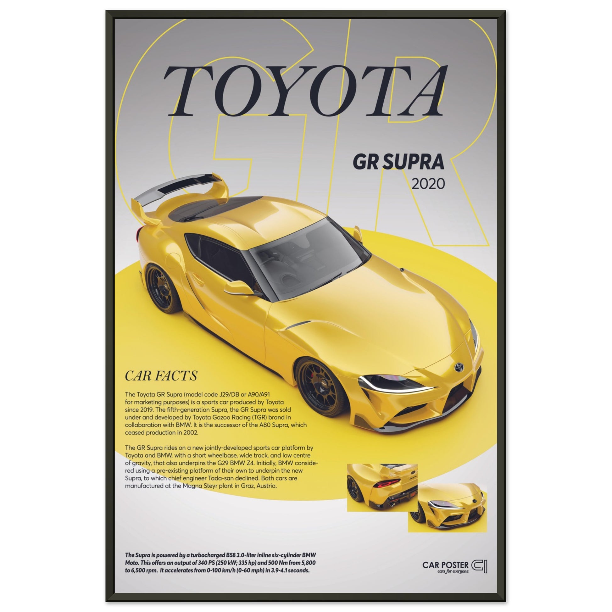 Framed Car Poster - Toyota GR Supra - Yellow