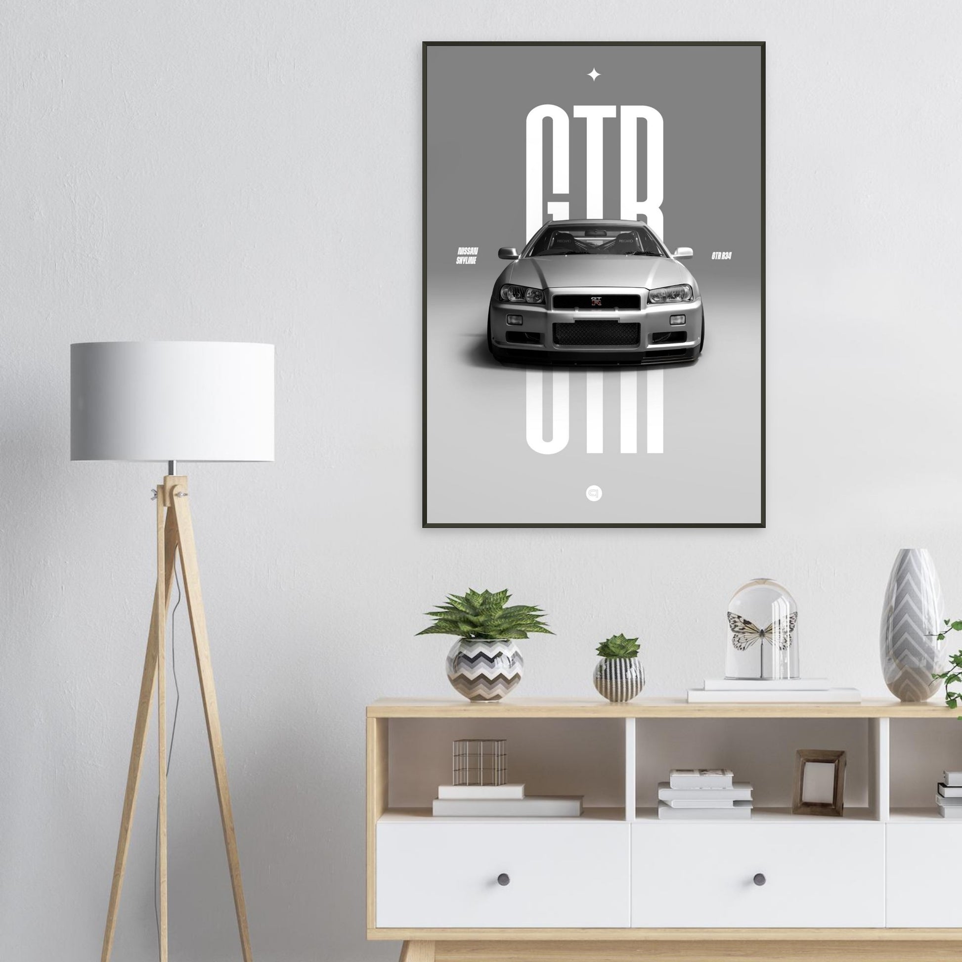Framed Car Poster - Nissan Skyline GTR R34 - White