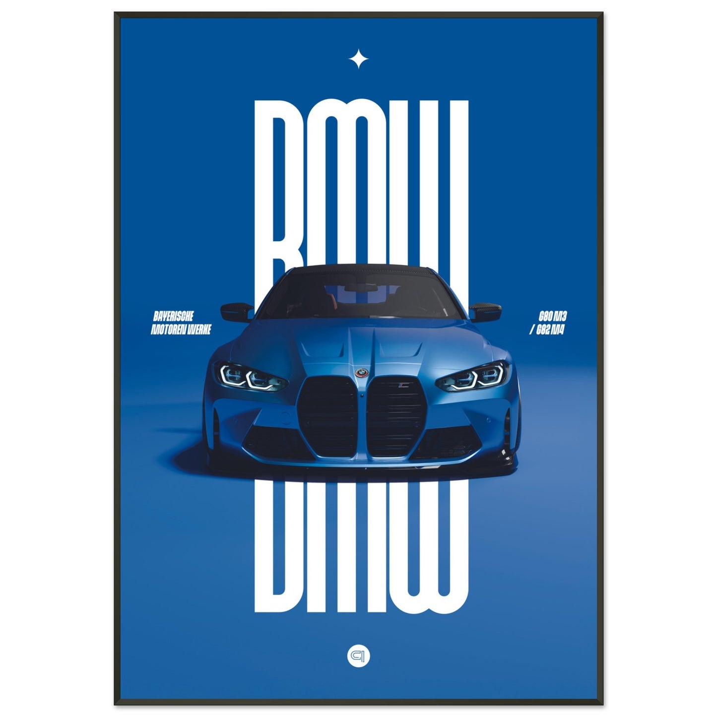 Framed Car Poster - BMW G80 M3 / G82 M4 Bumper - Blue
