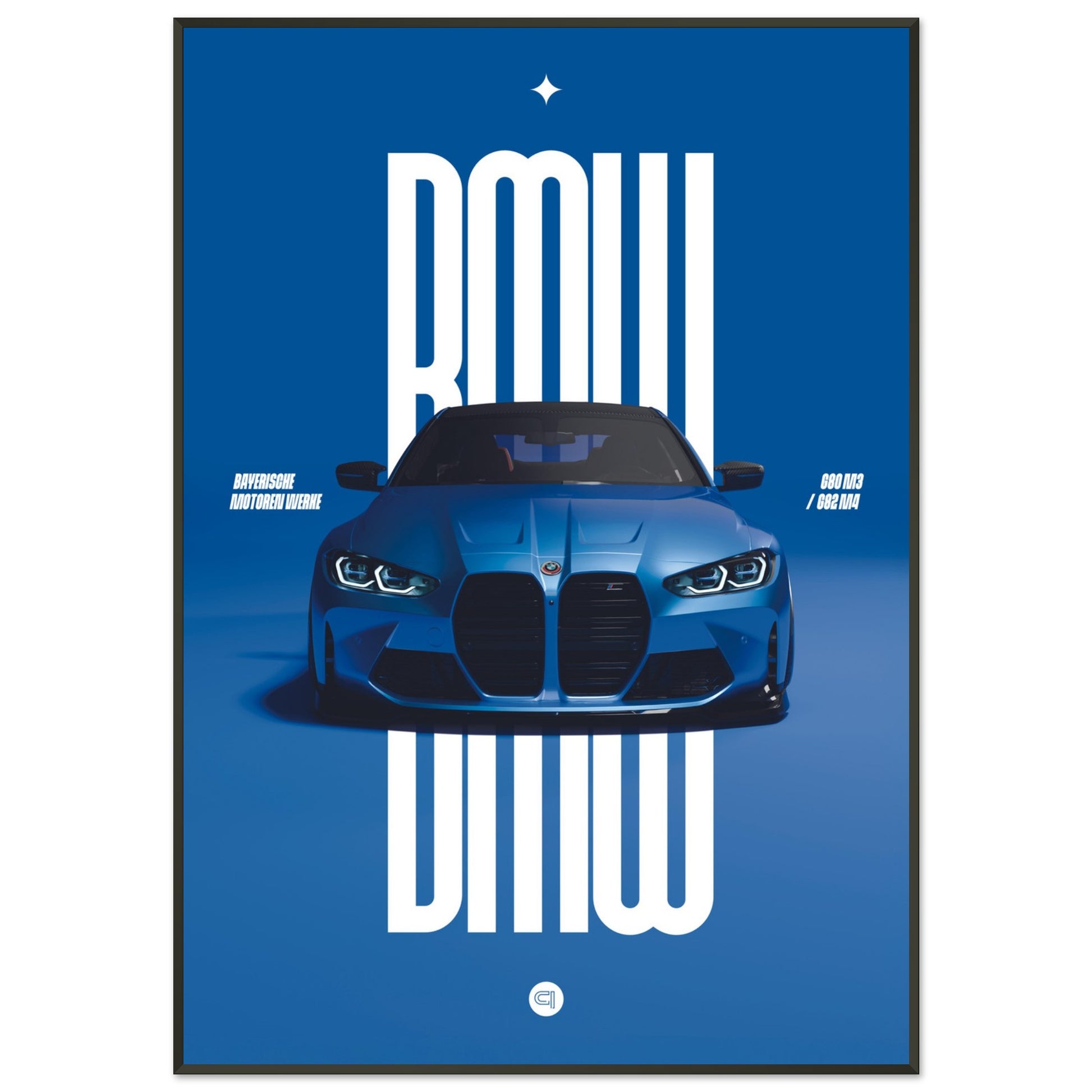 Framed Car Poster - BMW G80 M3 / G82 M4 Bumper - Blue