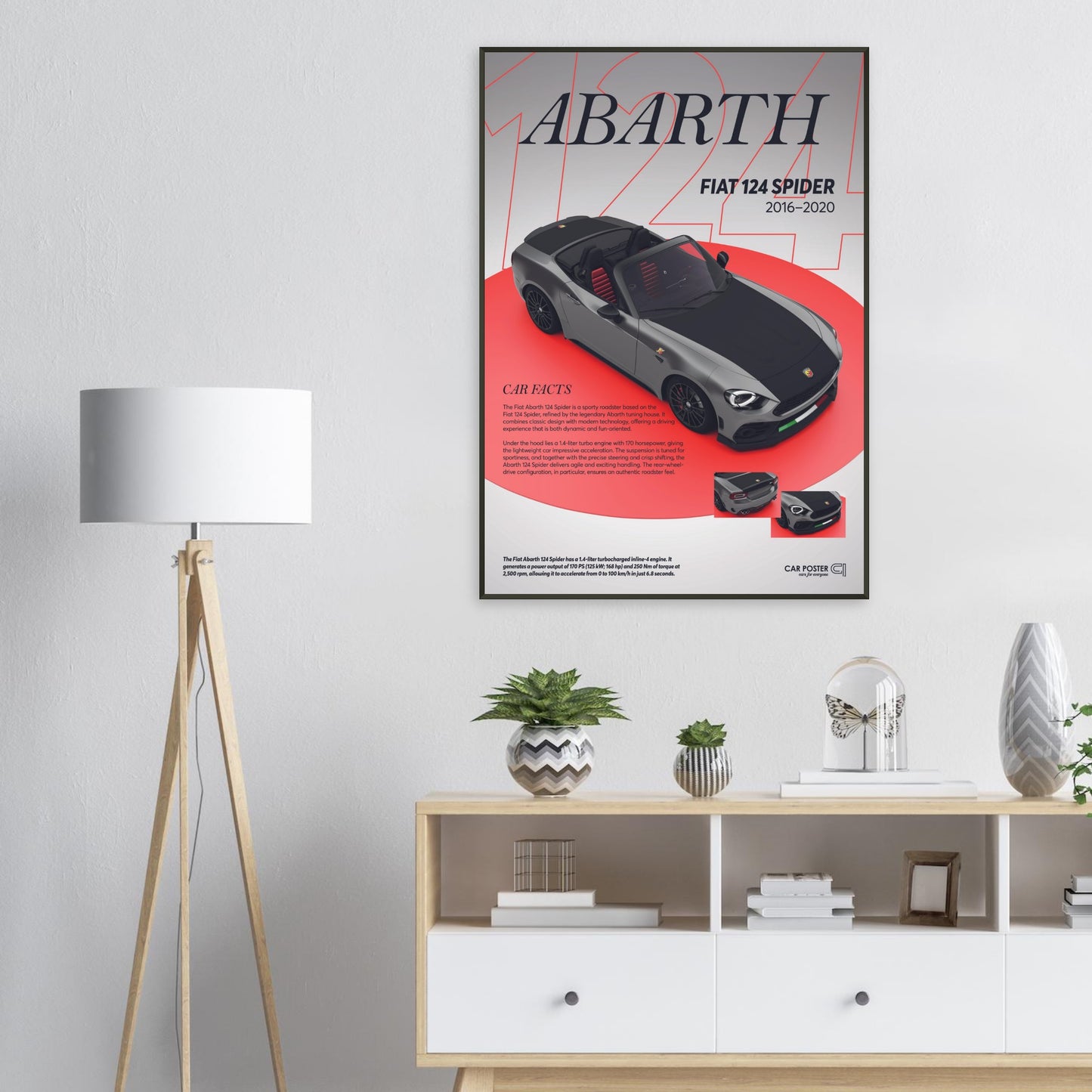 Framed Car Poster - Fiat Abarth 124 Spider - grey