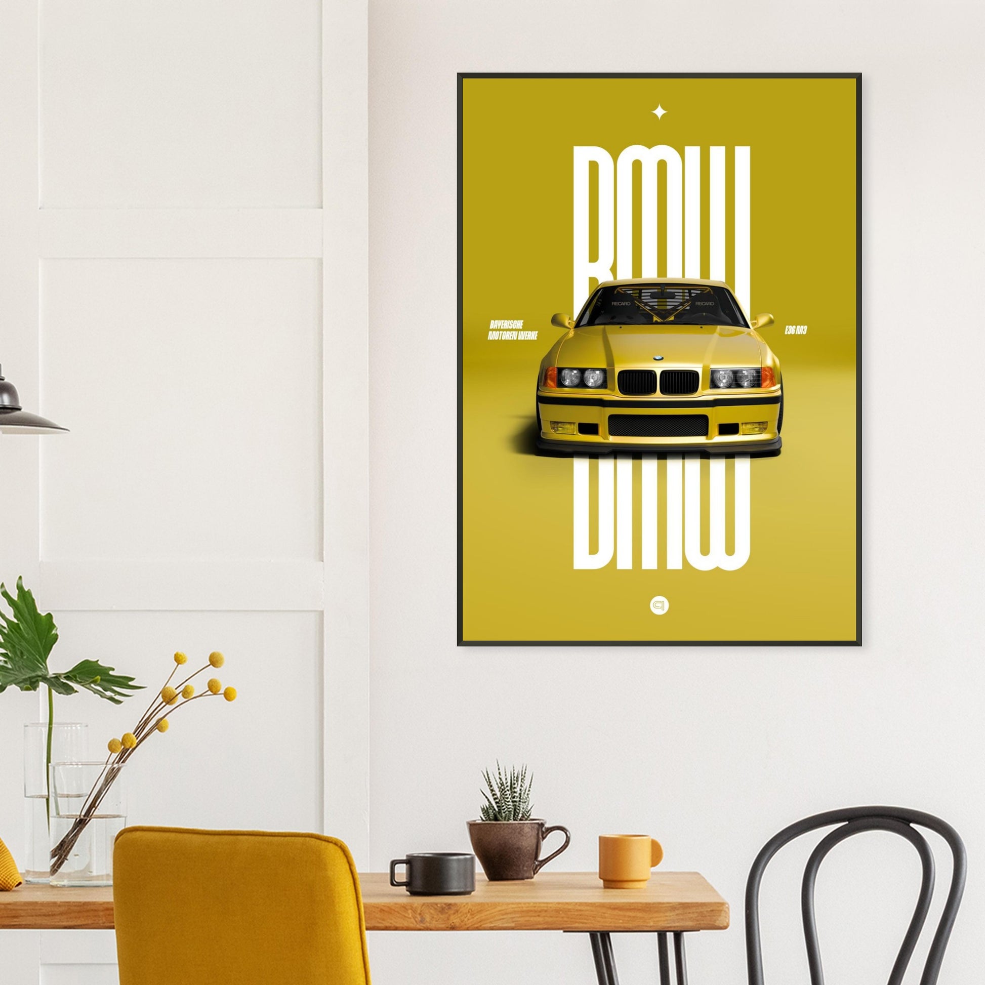 Framed Car Poster - BMW E36 - Yellow