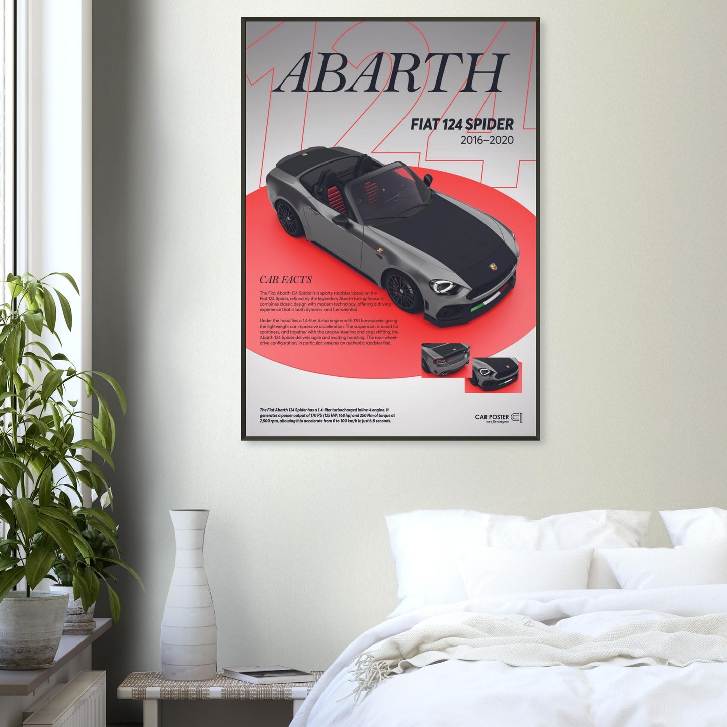 Framed Car Poster - Fiat Abarth 124 Spider - grey