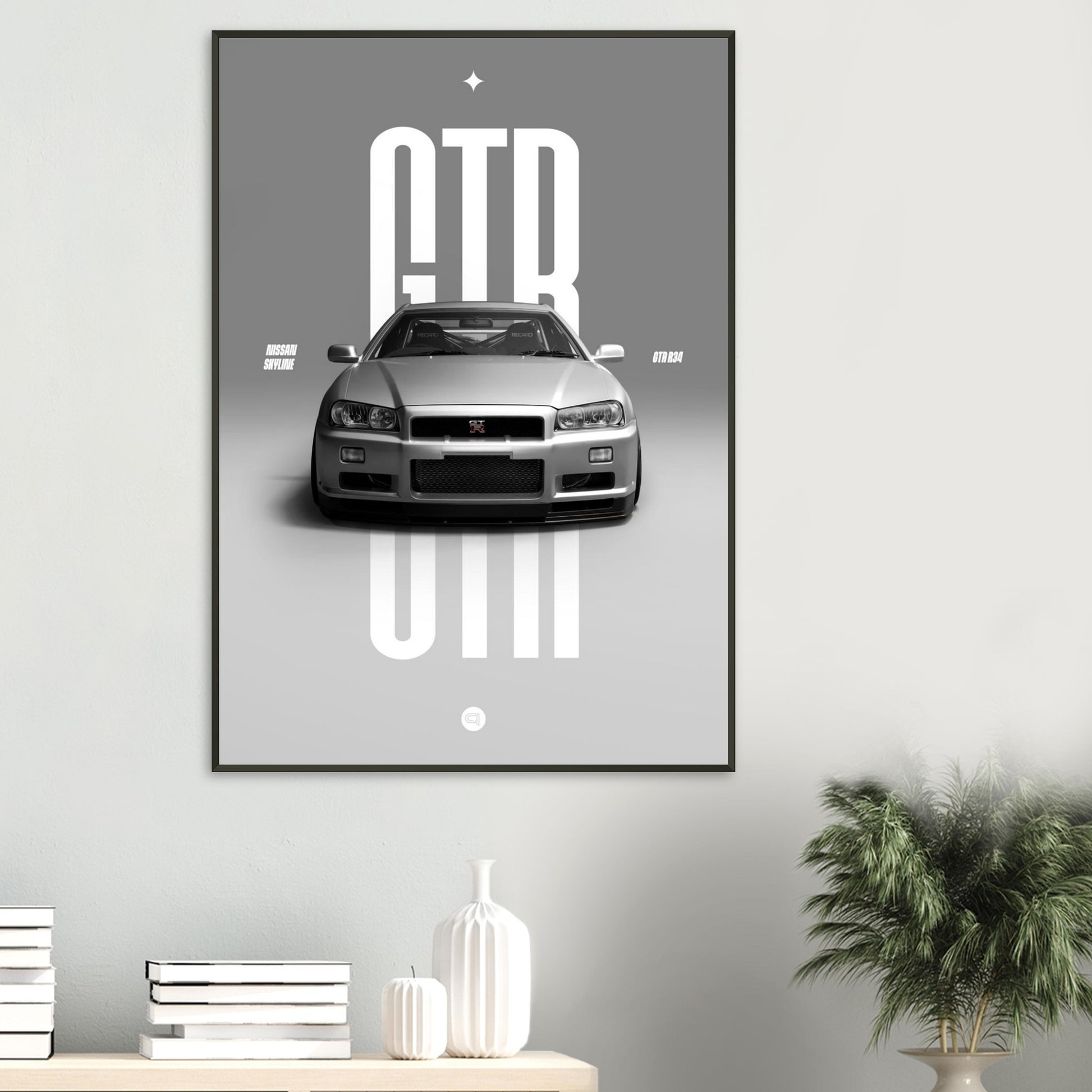Framed Car Poster - Nissan Skyline GTR R34 - White