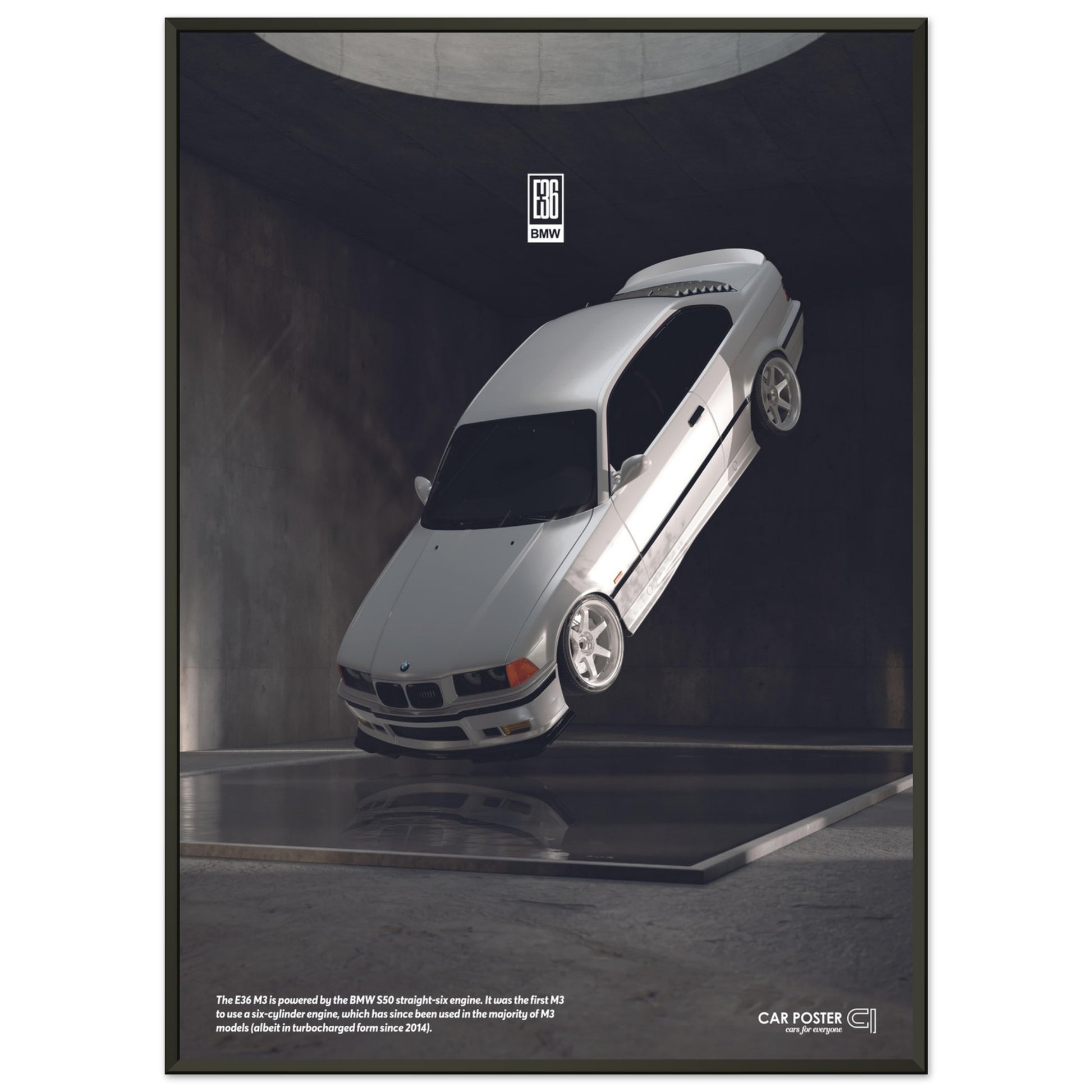 Framed Car Poster - BMW E36 M3 Flying - White