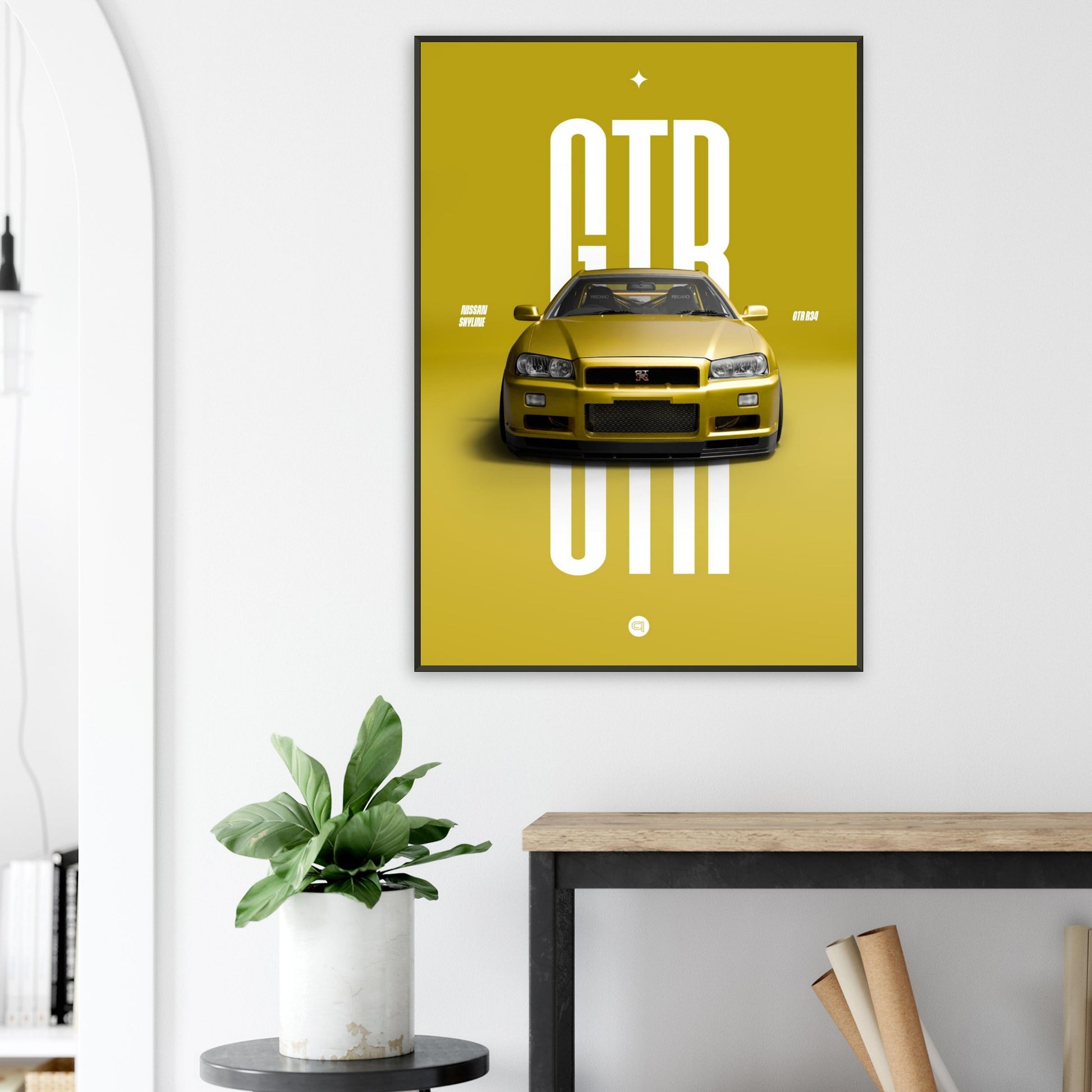 Framed Car Poster - Nissan Skyline GTR R34 - Yellow
