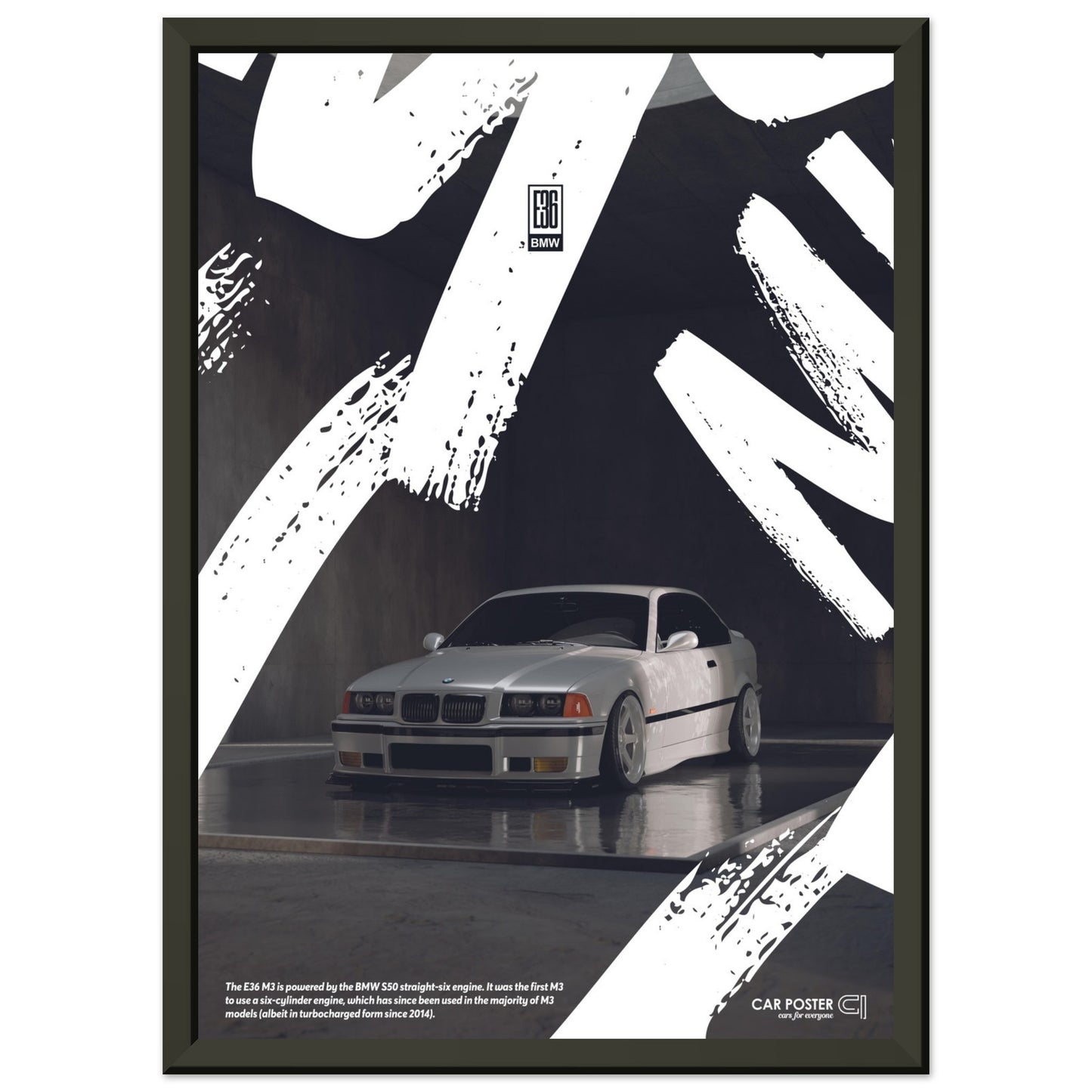 Framed Car Poster - BMW E36 M3 Graffiti - White