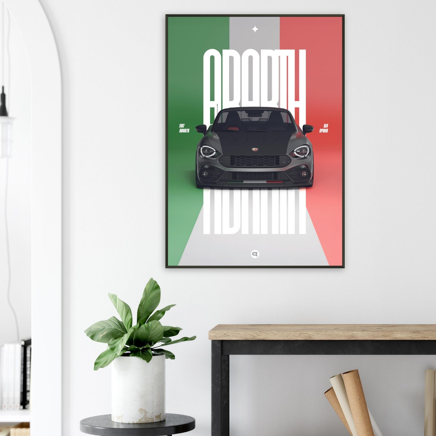 Framed Car Poster - Fiat Abarth 124 Spider - Italy white typo