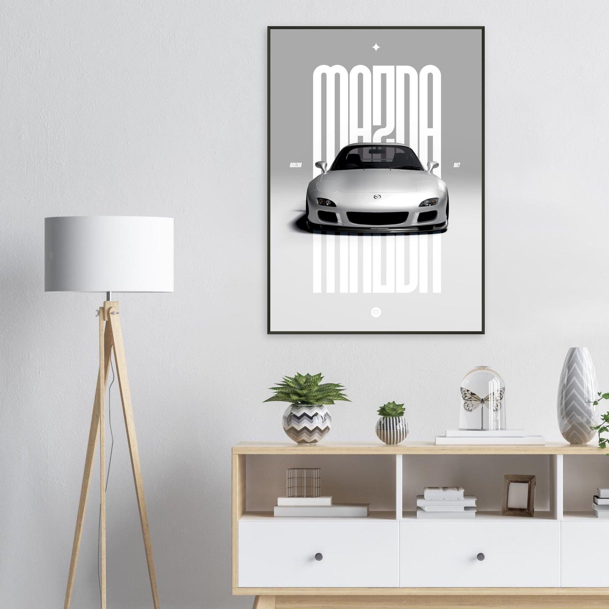 Framed Car Poster - Mazda RX7 - White