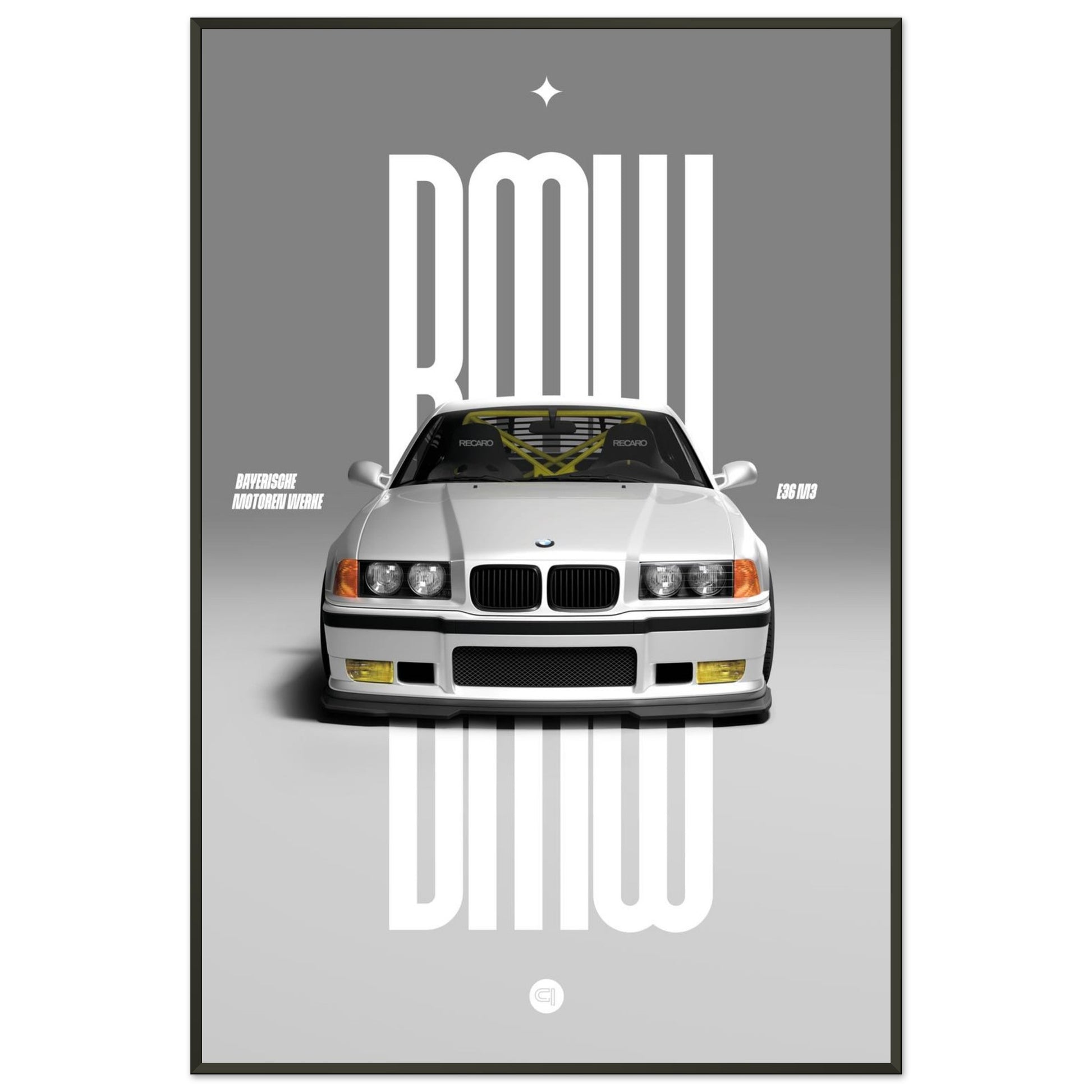 Framed Car Poster - BMW E36 - White