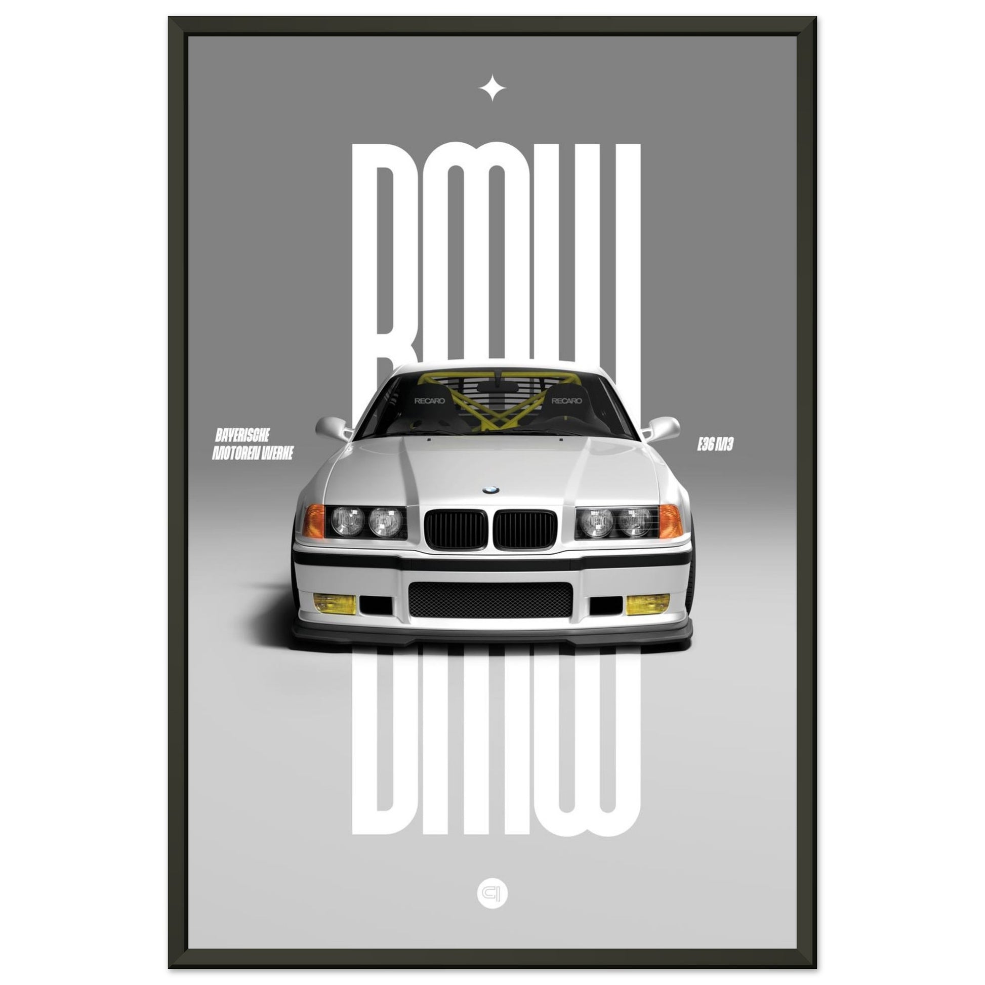 Framed Car Poster - BMW E36 - White