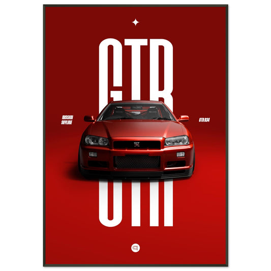 Framed Car Poster - Nissan Skyline GTR R34 - Red