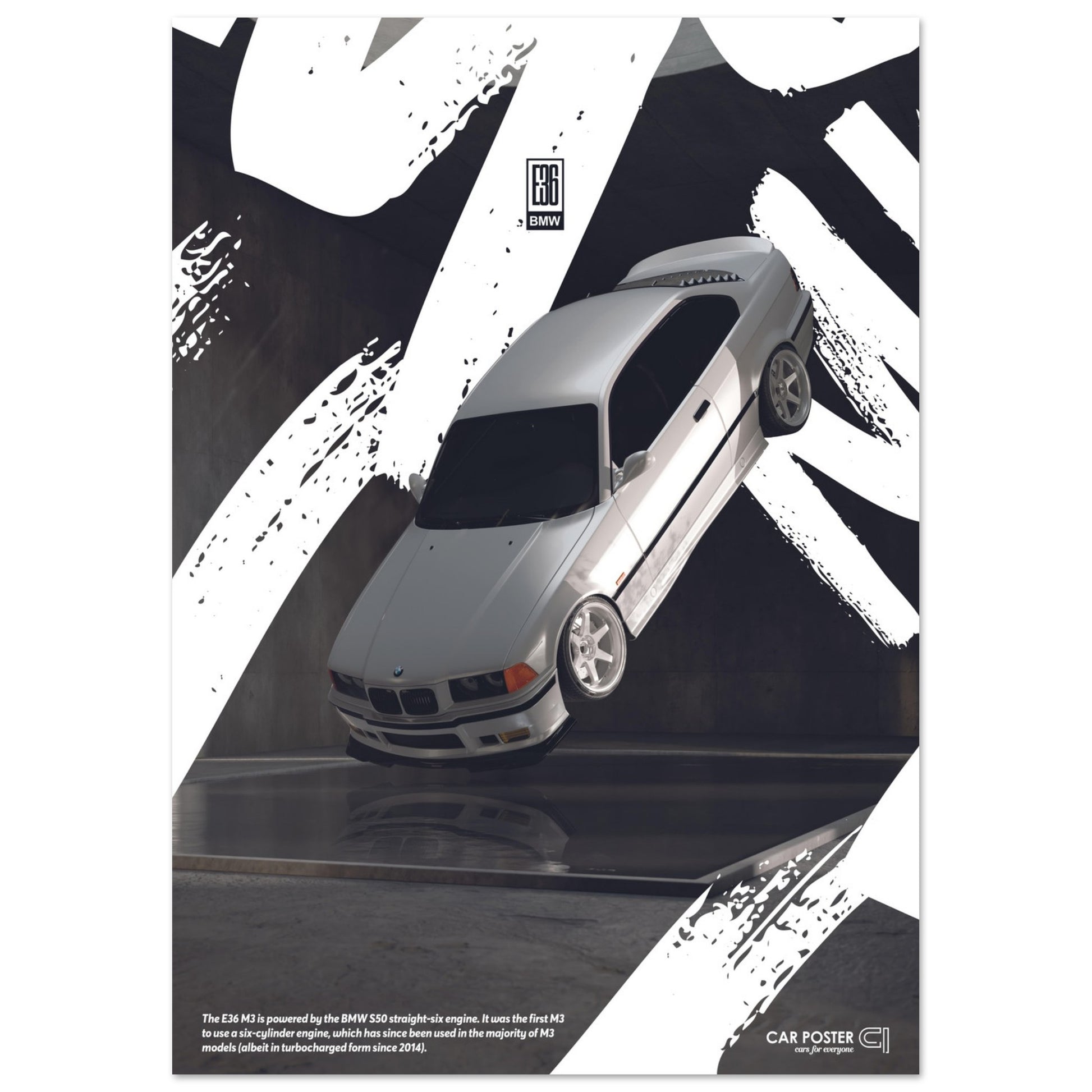 Car Poster - BMW E36 M3 Flying Graffiti - White