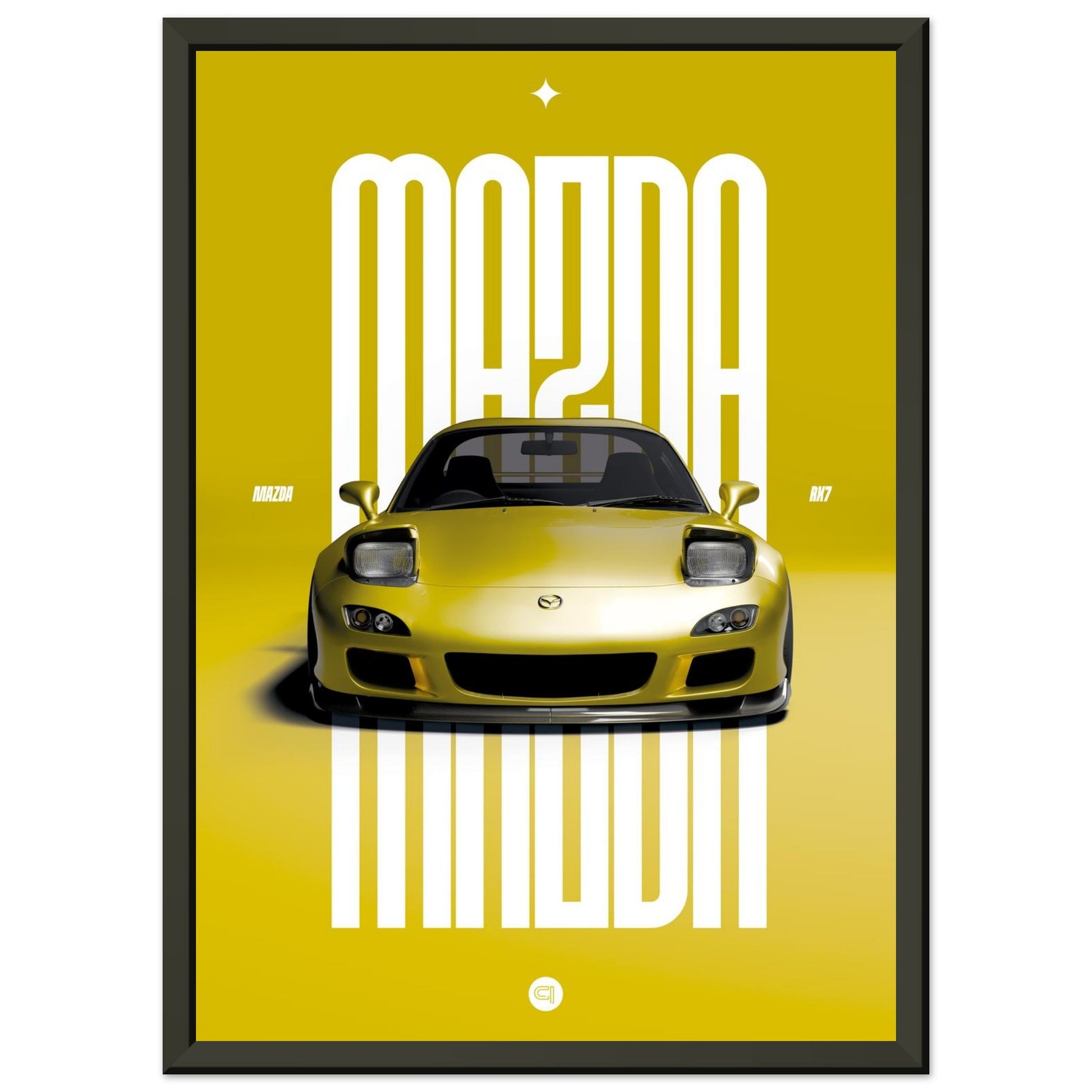 Framed Car Poster - Mazda RX7 - Yellow Pop up