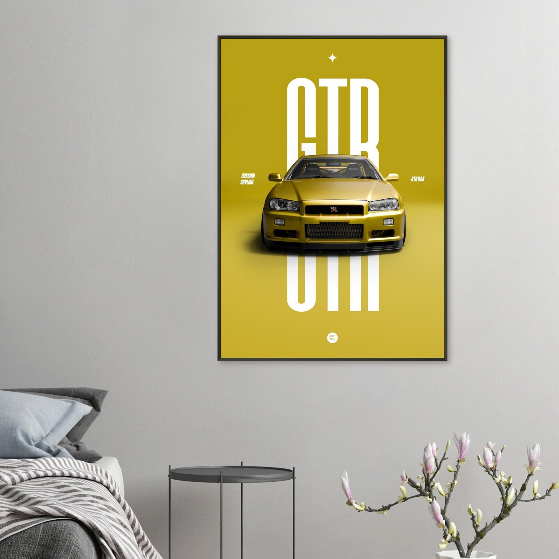 Framed Car Poster - Nissan Skyline GTR R34 - Yellow