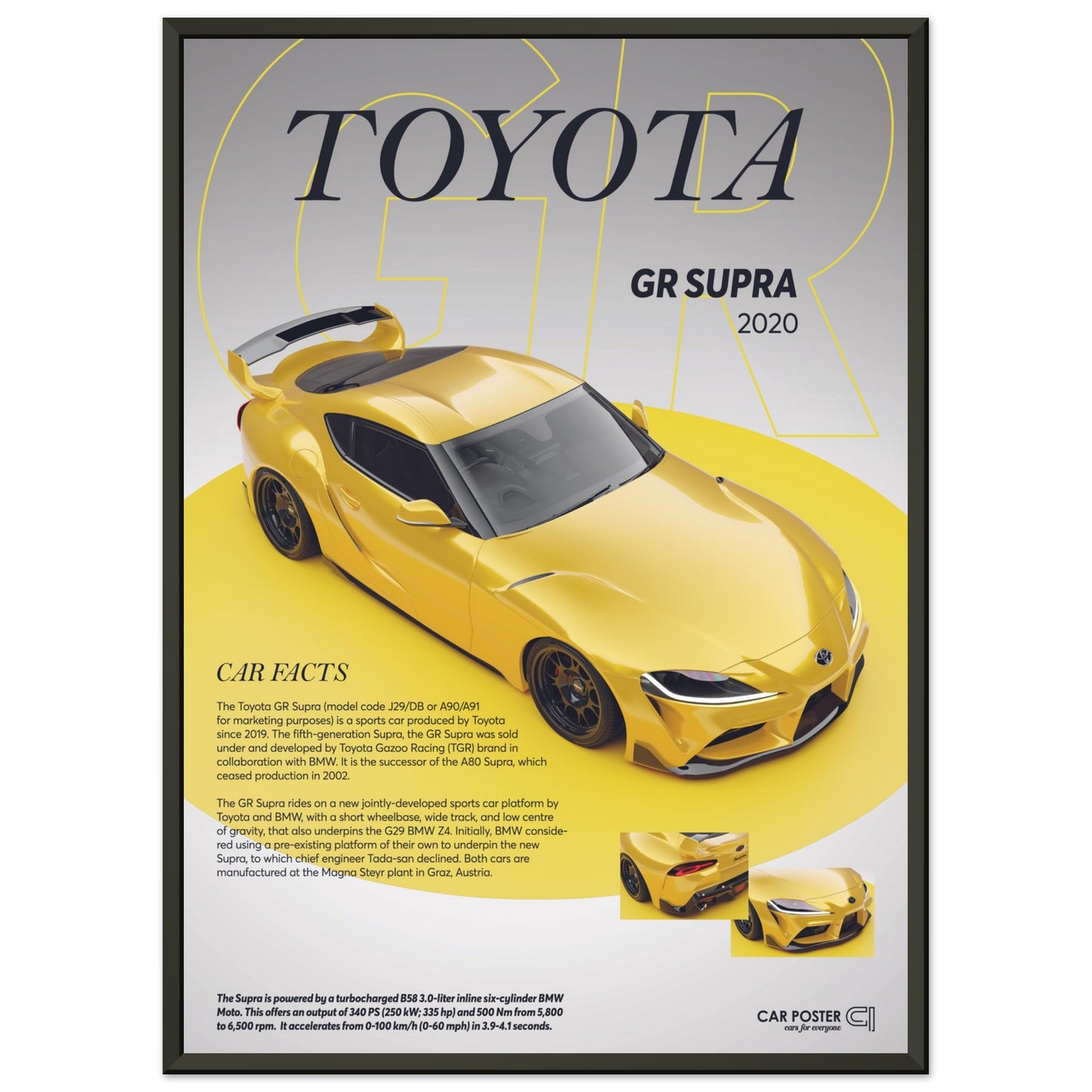 Framed Car Poster - Toyota GR Supra - Yellow