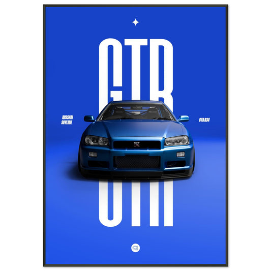 Framed Car Poster - Nissan Skyline GTR R34 - Blue
