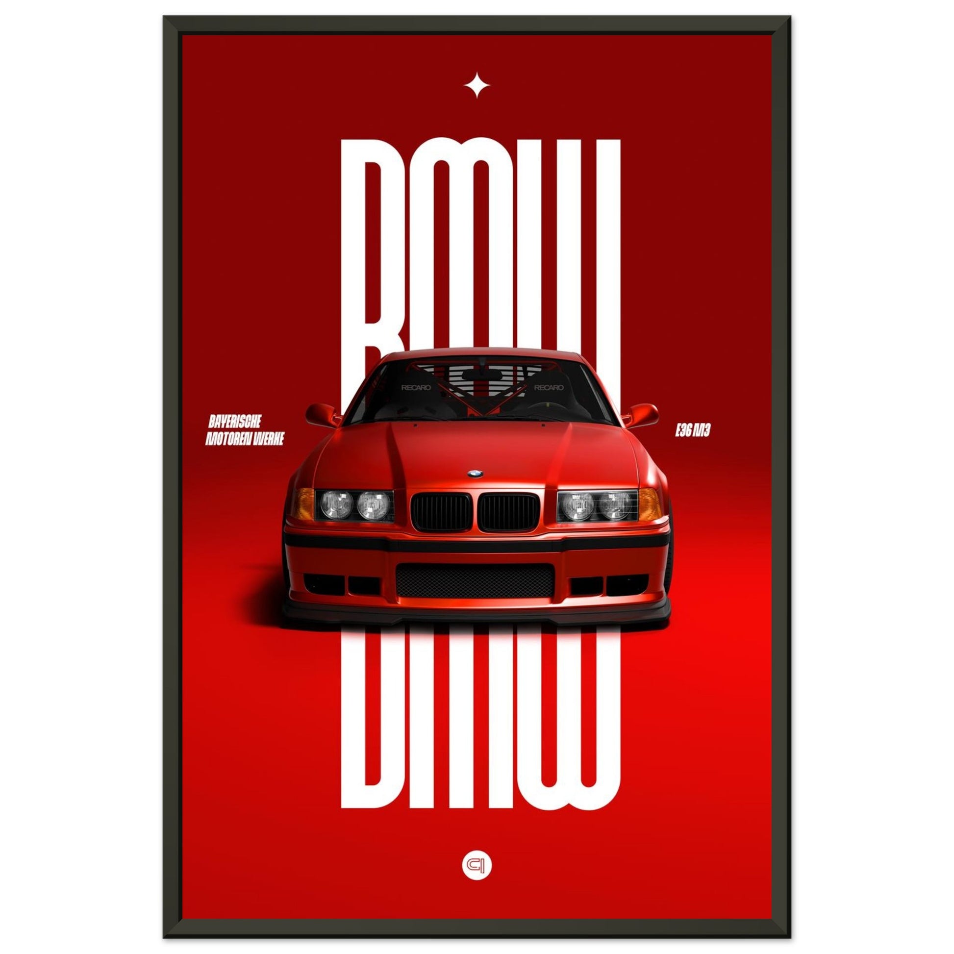 Framed Car Poster - BMW E36 - Red