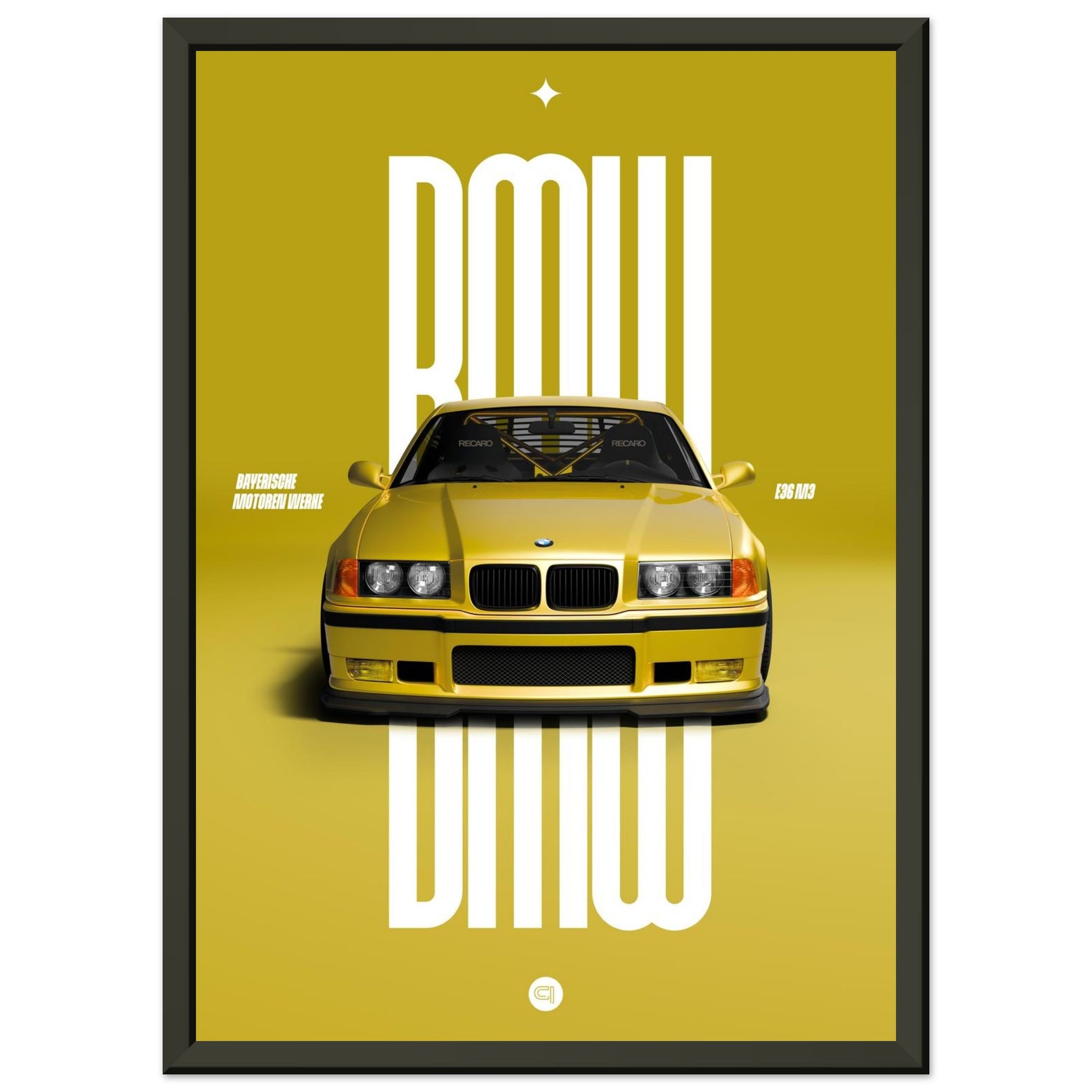 Framed Car Poster - BMW E36 - Yellow