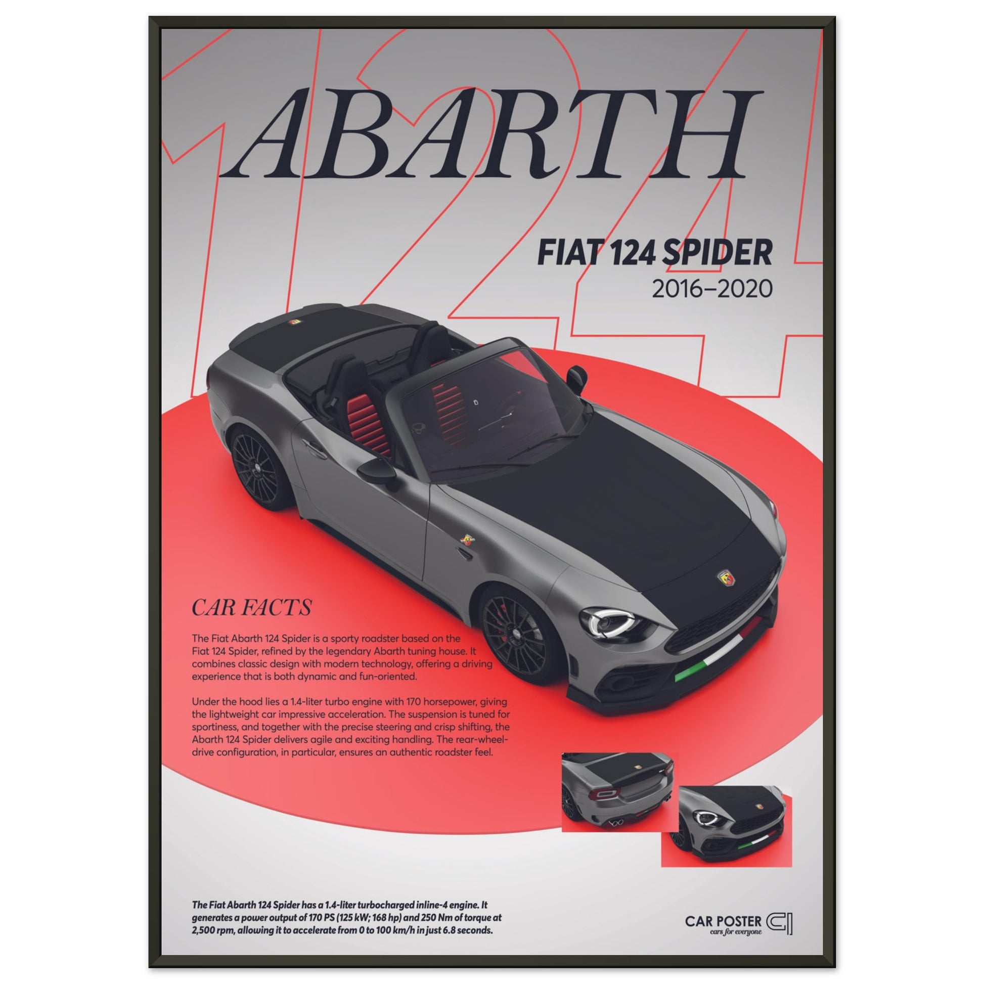 Framed Car Poster - Fiat Abarth 124 Spider - grey