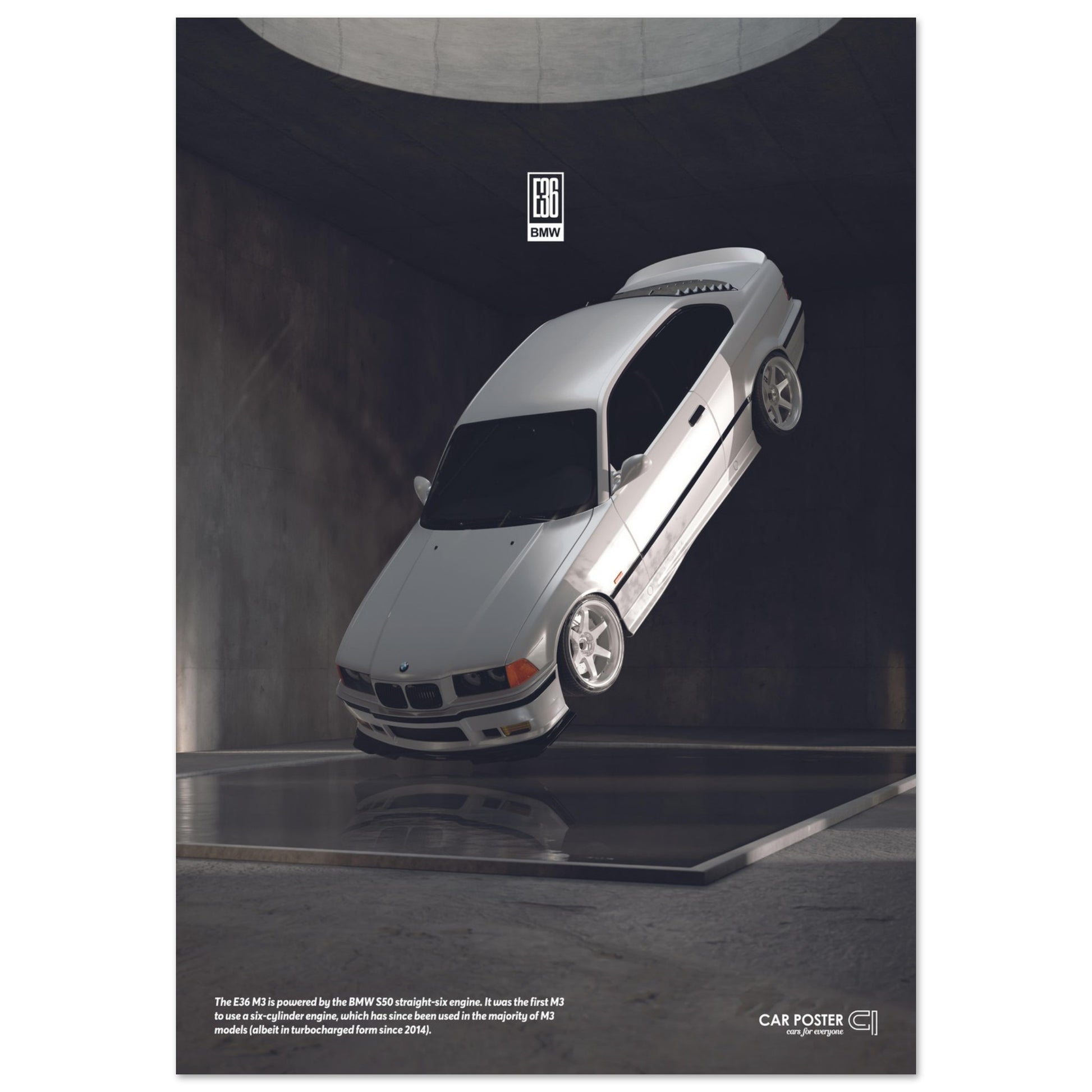 Car Poster - BMW E36 M3 Flying- White