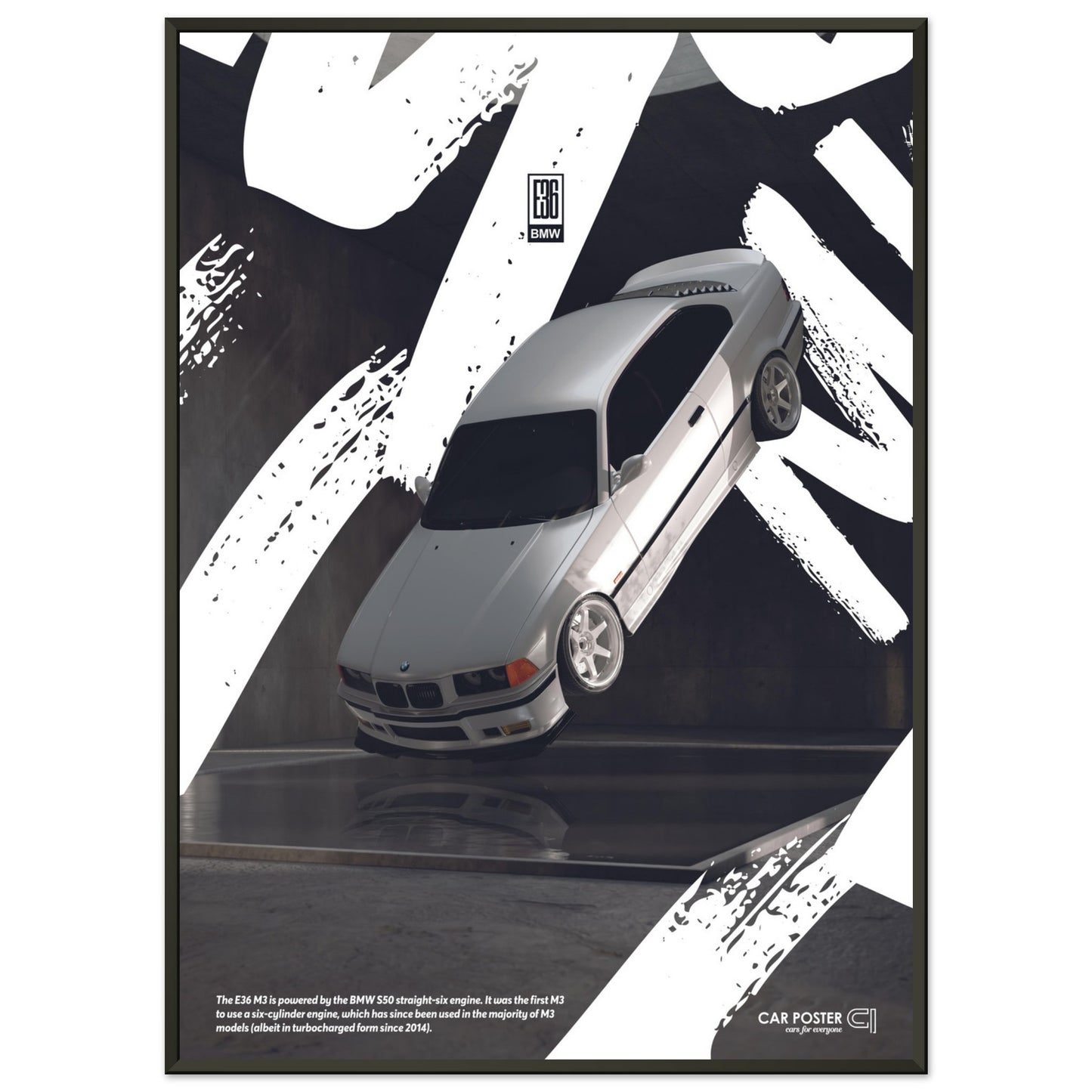 Framed Car Poster - BMW E36 M3 Flying Graffiti - White