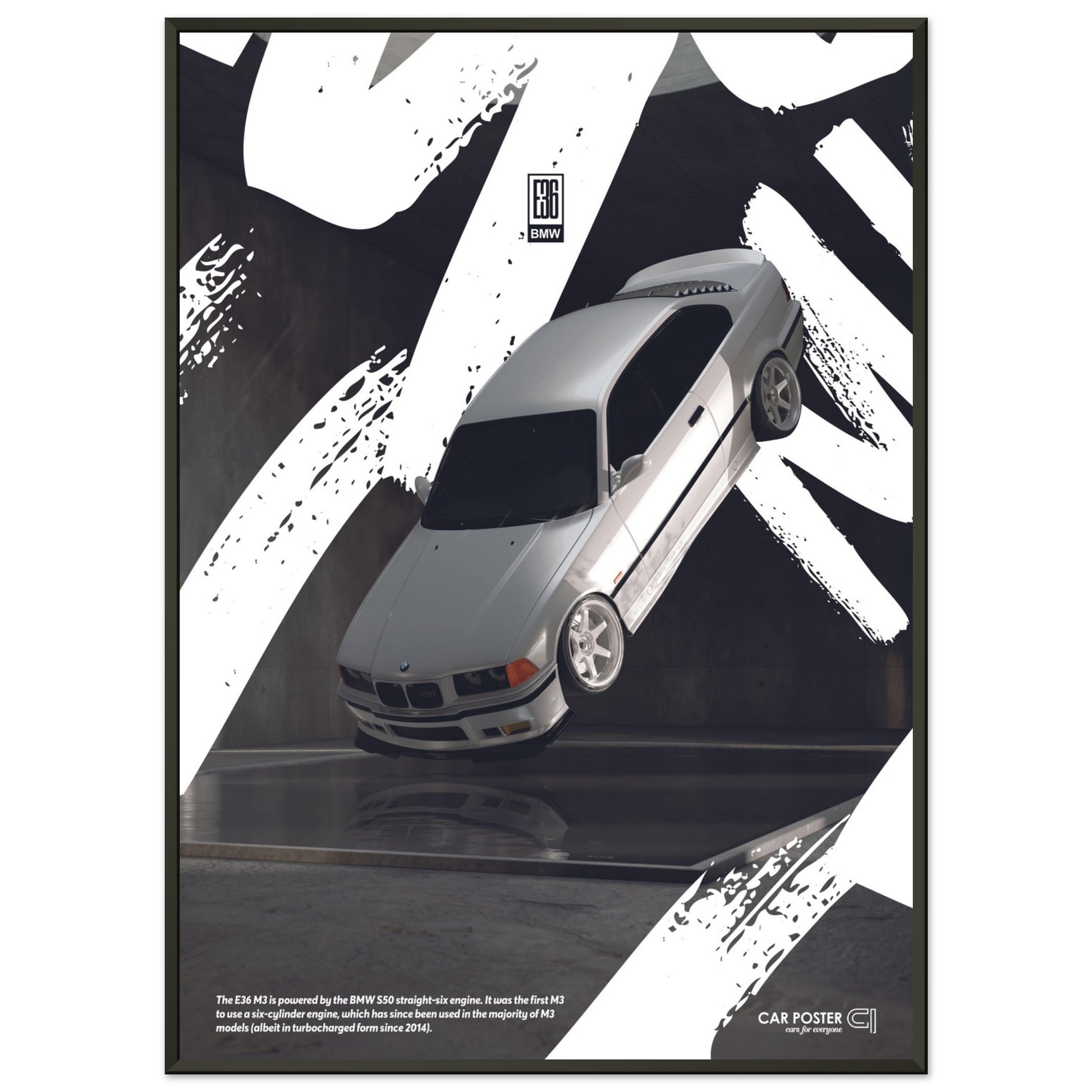 Framed Car Poster - BMW E36 M3 Flying Graffiti - White