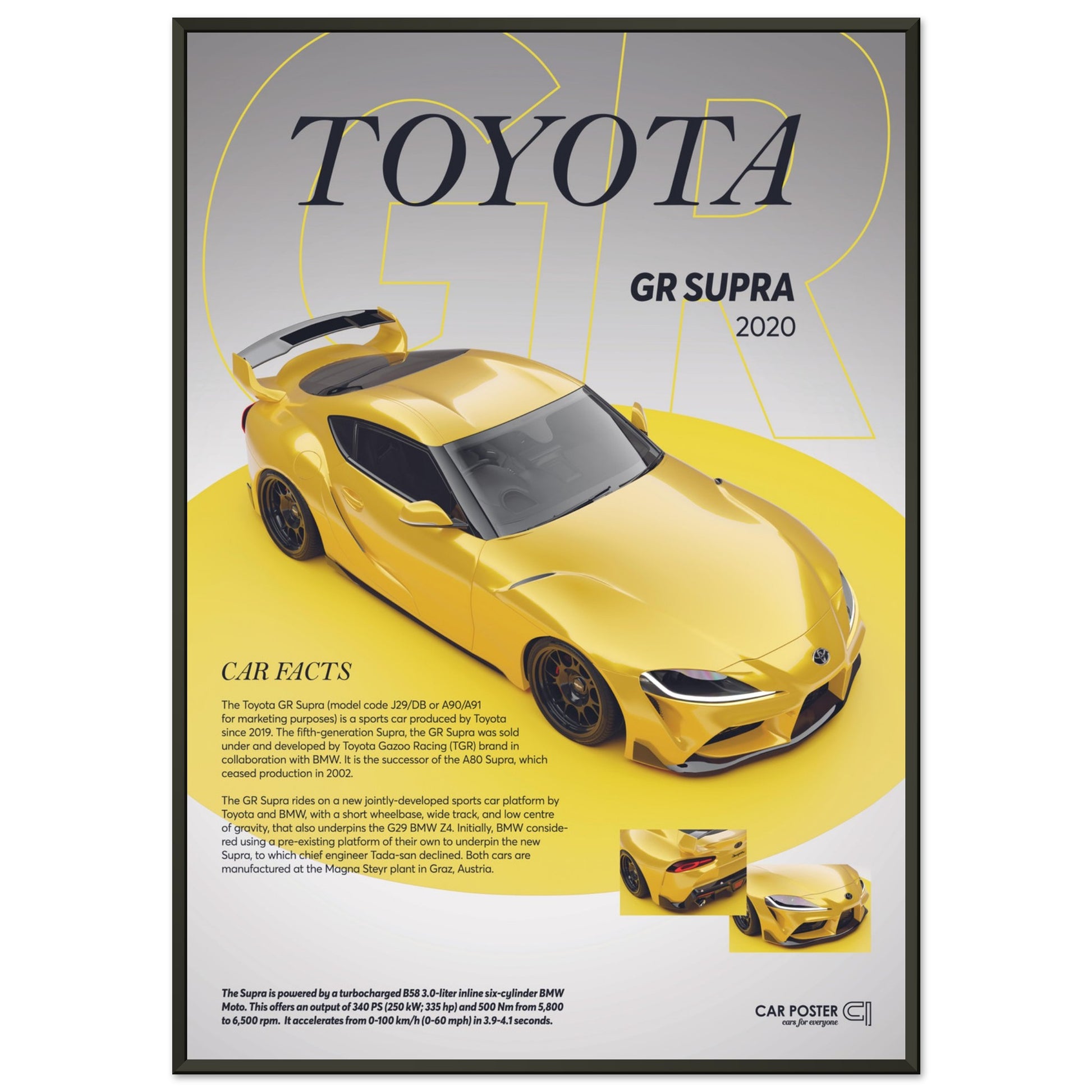 Framed Car Poster - Toyota GR Supra - Yellow