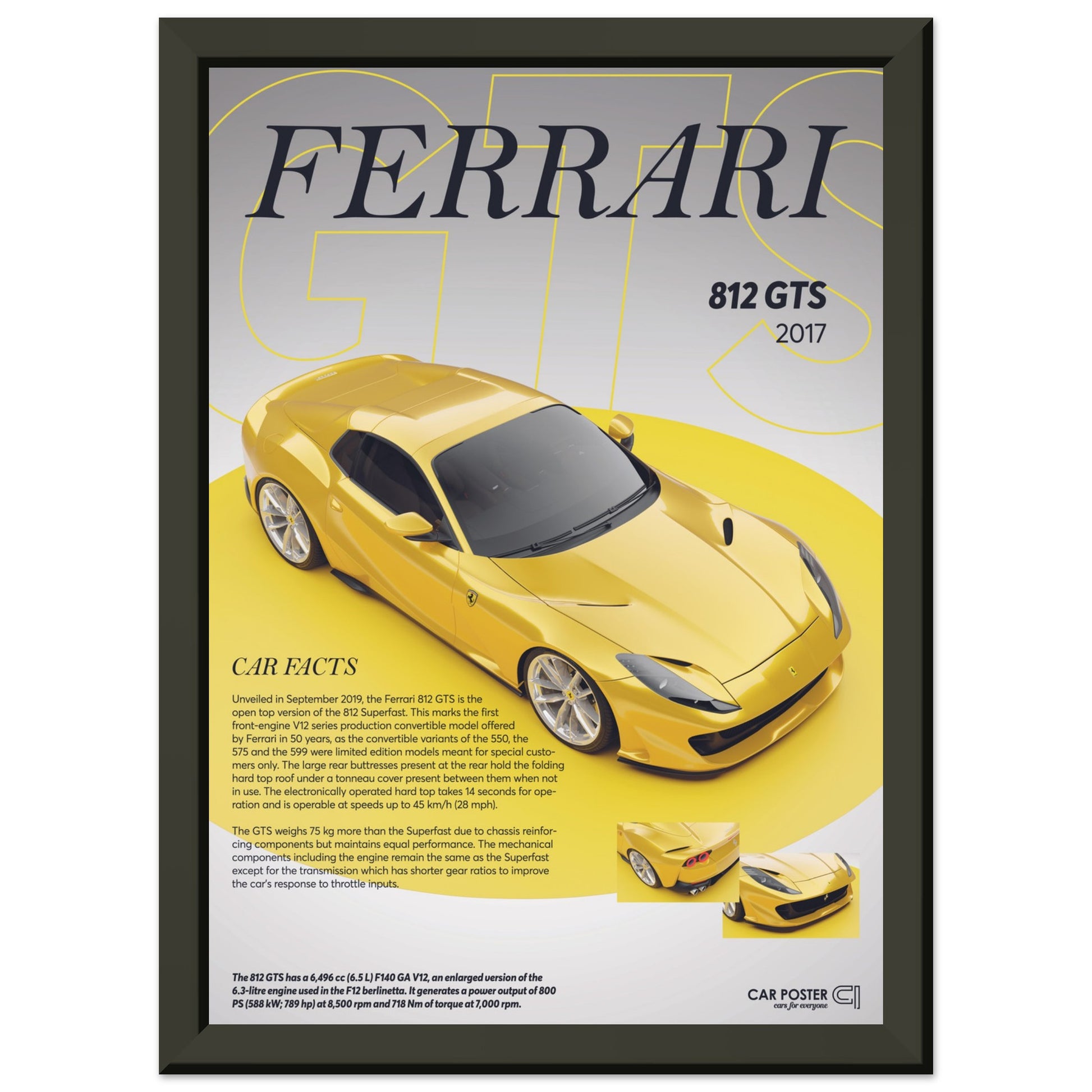 Framed Car Poster - Ferrari 812 GTS - Yellow