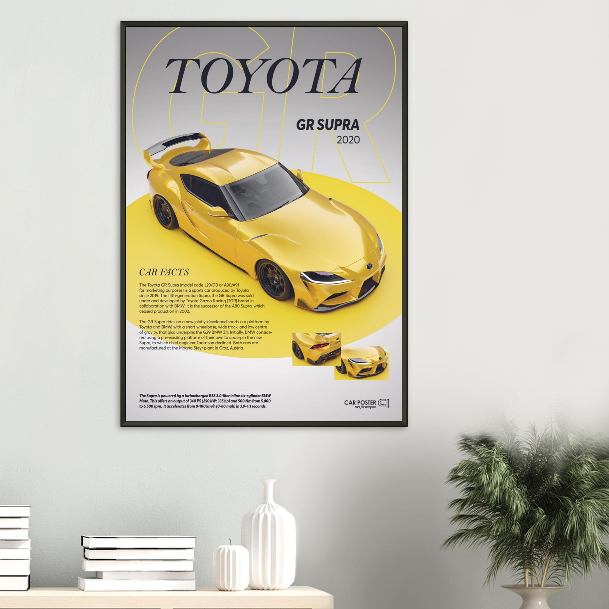 Framed Car Poster - Toyota GR Supra - Yellow