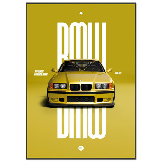 Framed Car Poster - BMW E36 - Yellow