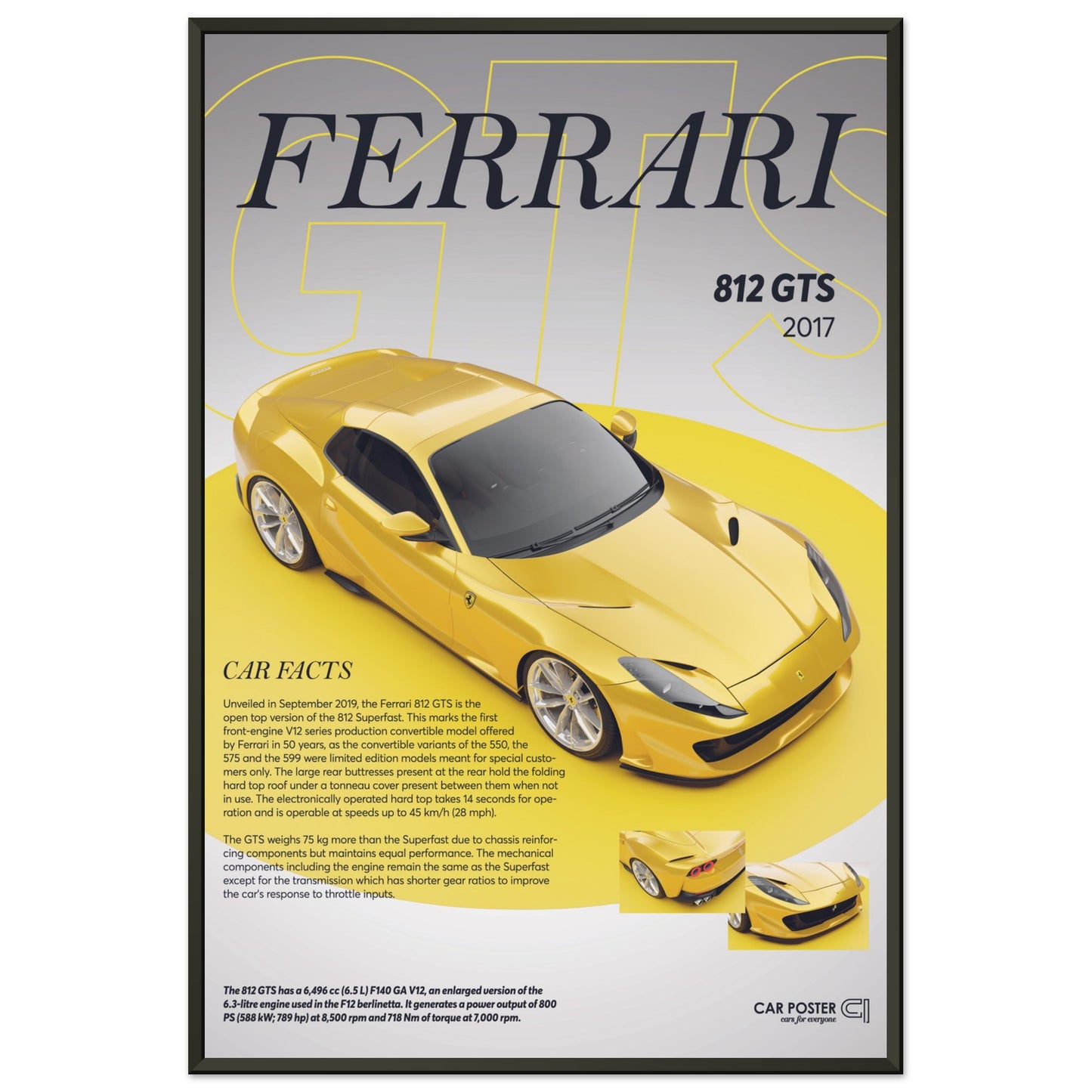 Framed Car Poster - Ferrari 812 GTS - Yellow
