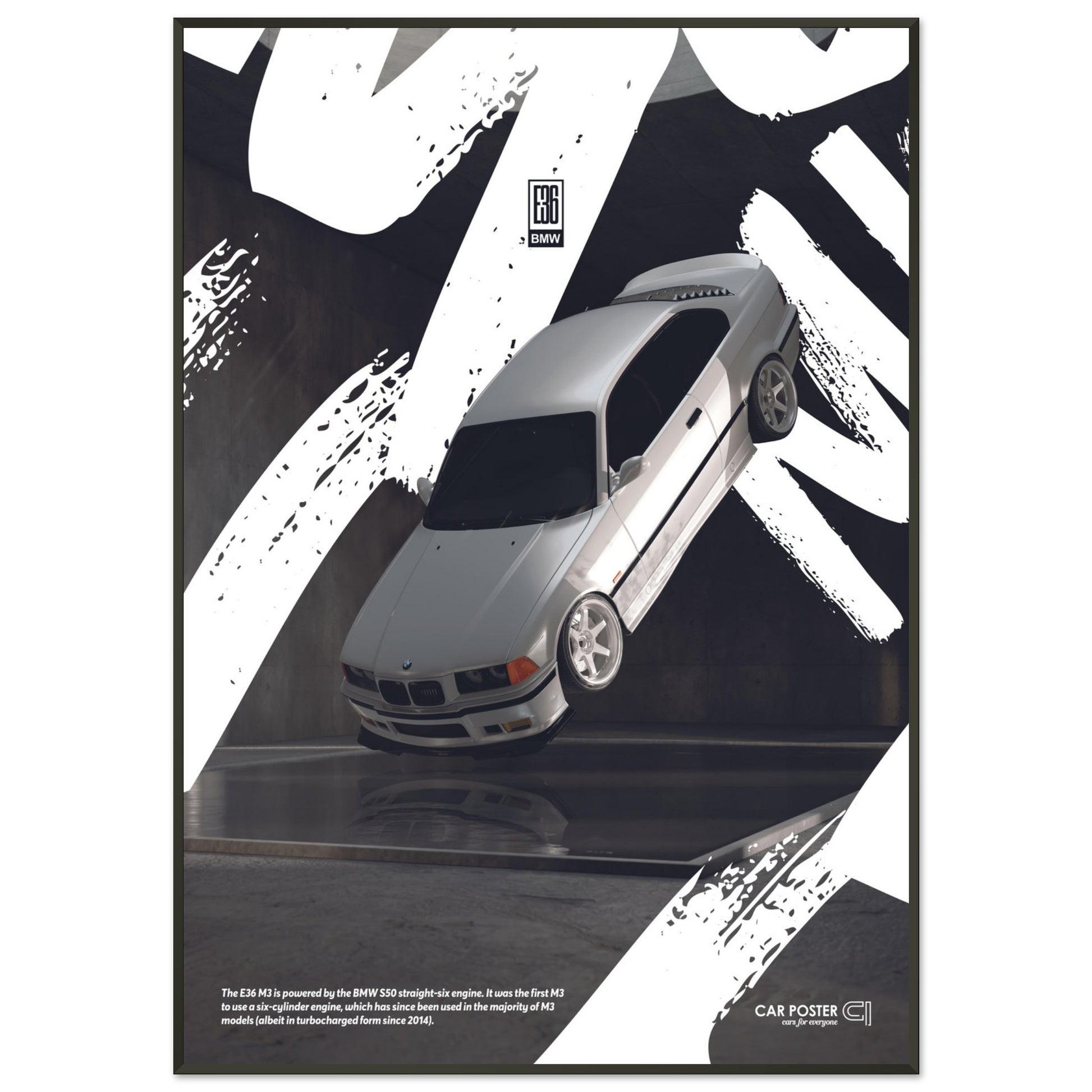 Framed Car Poster - BMW E36 M3 Flying Graffiti - White