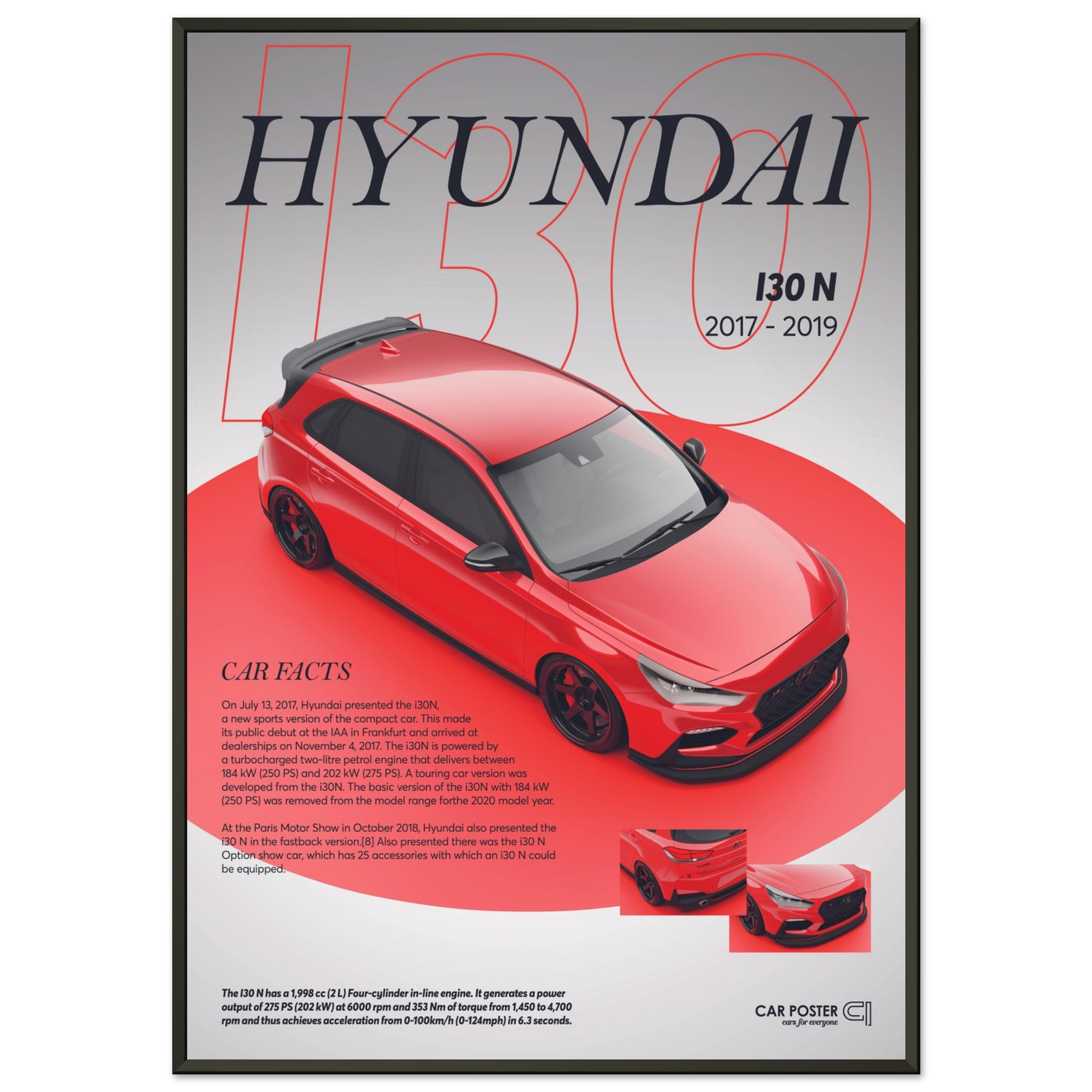 Framed Car Poster - Hyundai I30N - Red