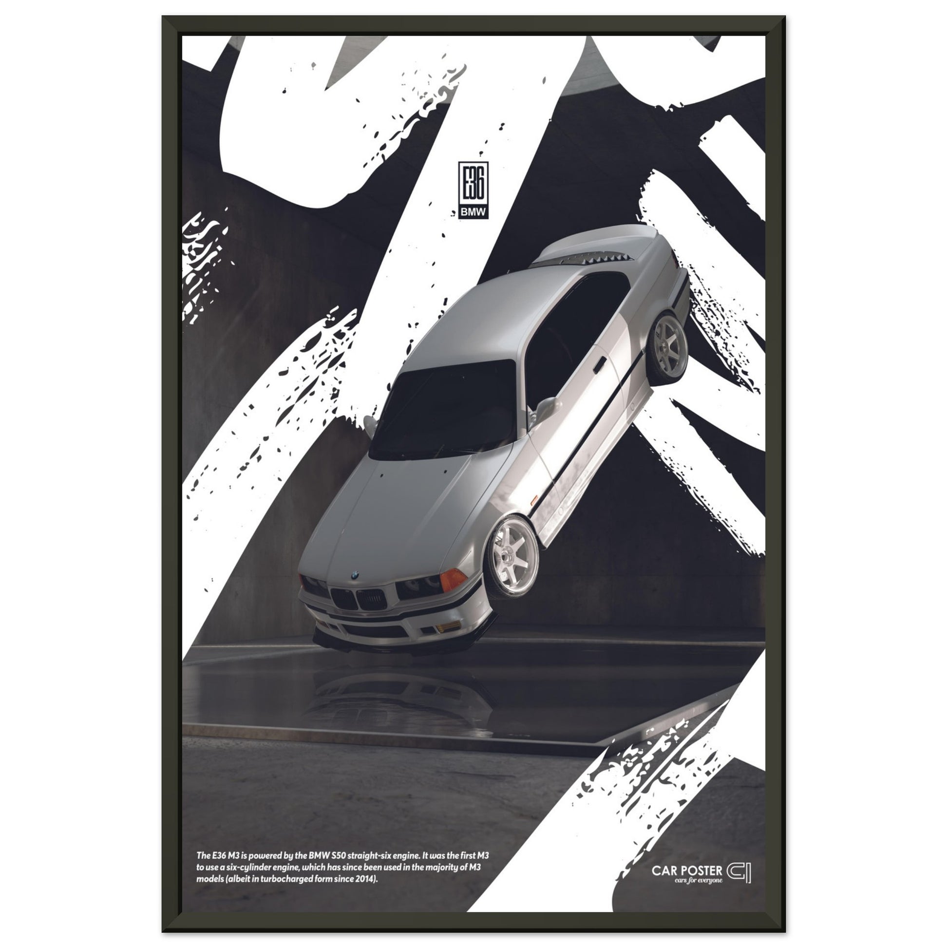 Framed Car Poster - BMW E36 M3 Flying Graffiti - White