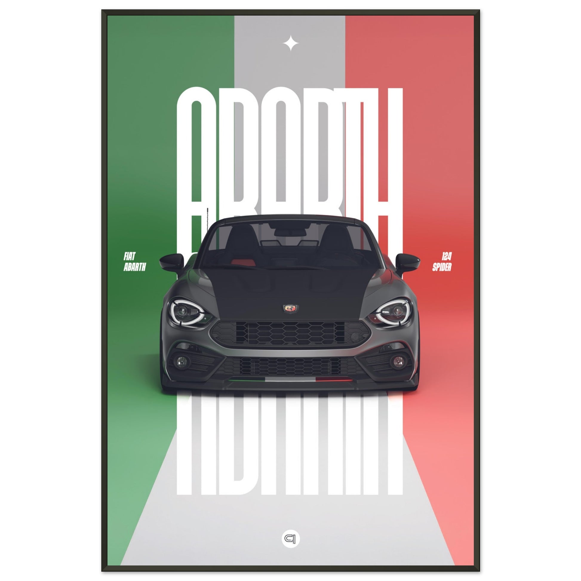 Framed Car Poster - Fiat Abarth 124 Spider - Italy white typo
