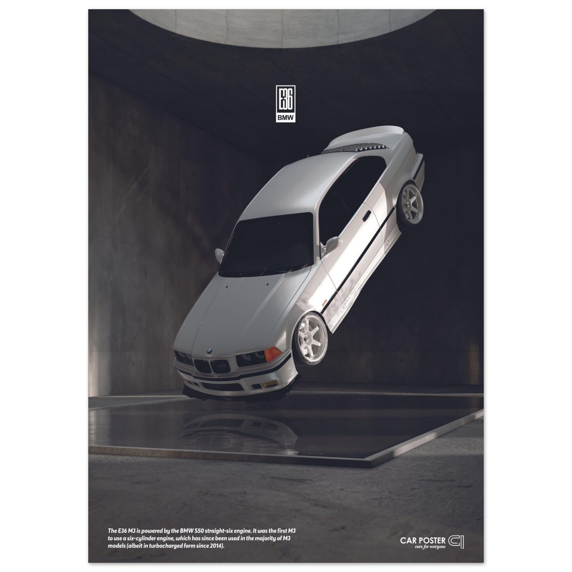 Car Poster - BMW E36 M3 Flying- White