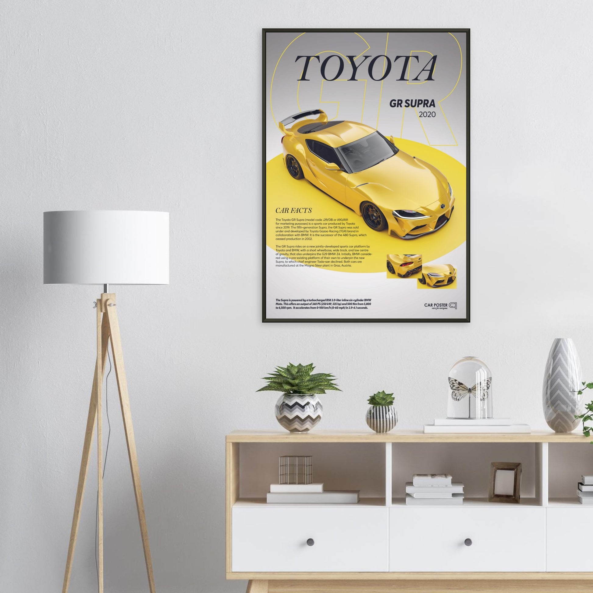 Framed Car Poster - Toyota GR Supra - Yellow