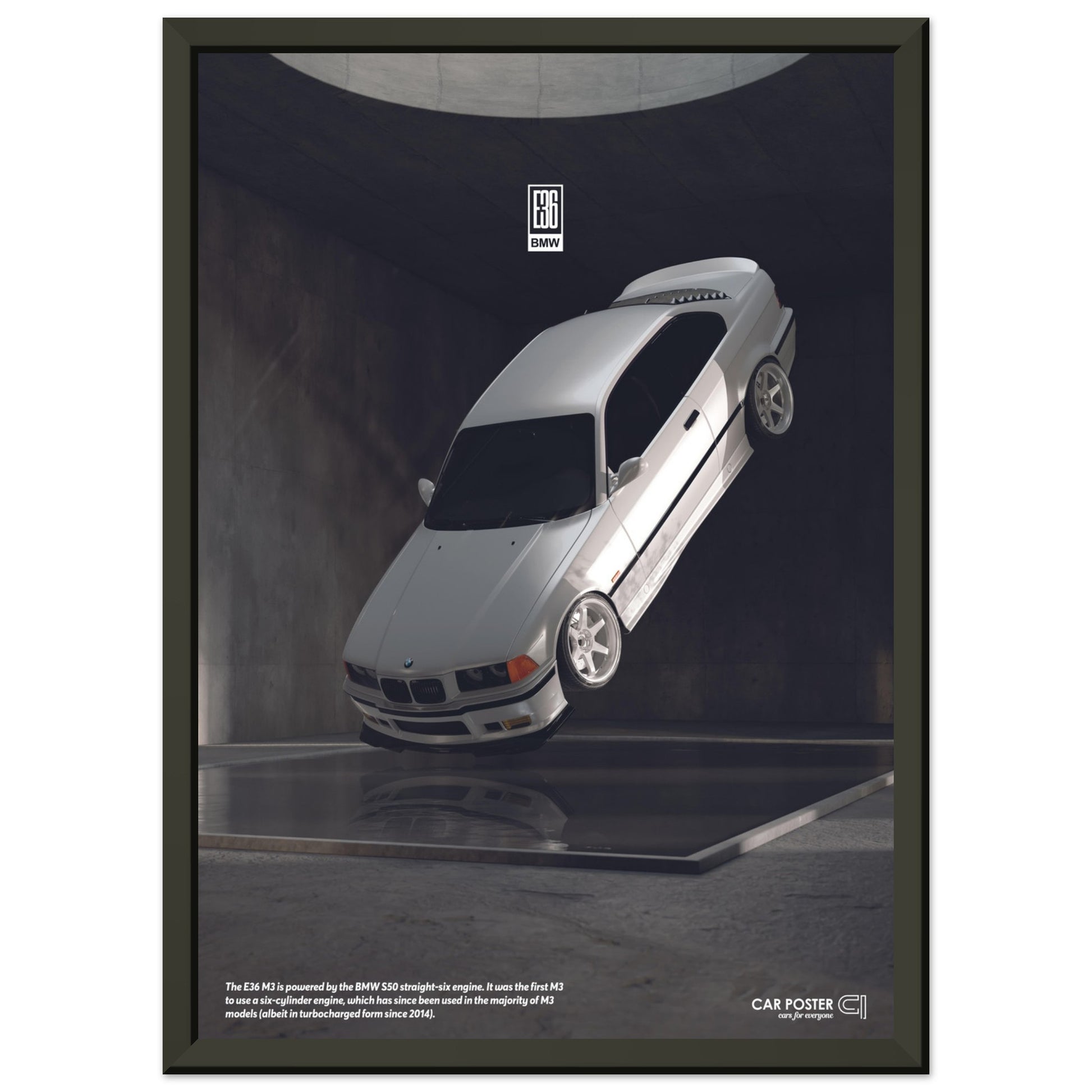 Framed Car Poster - BMW E36 M3 Flying - White