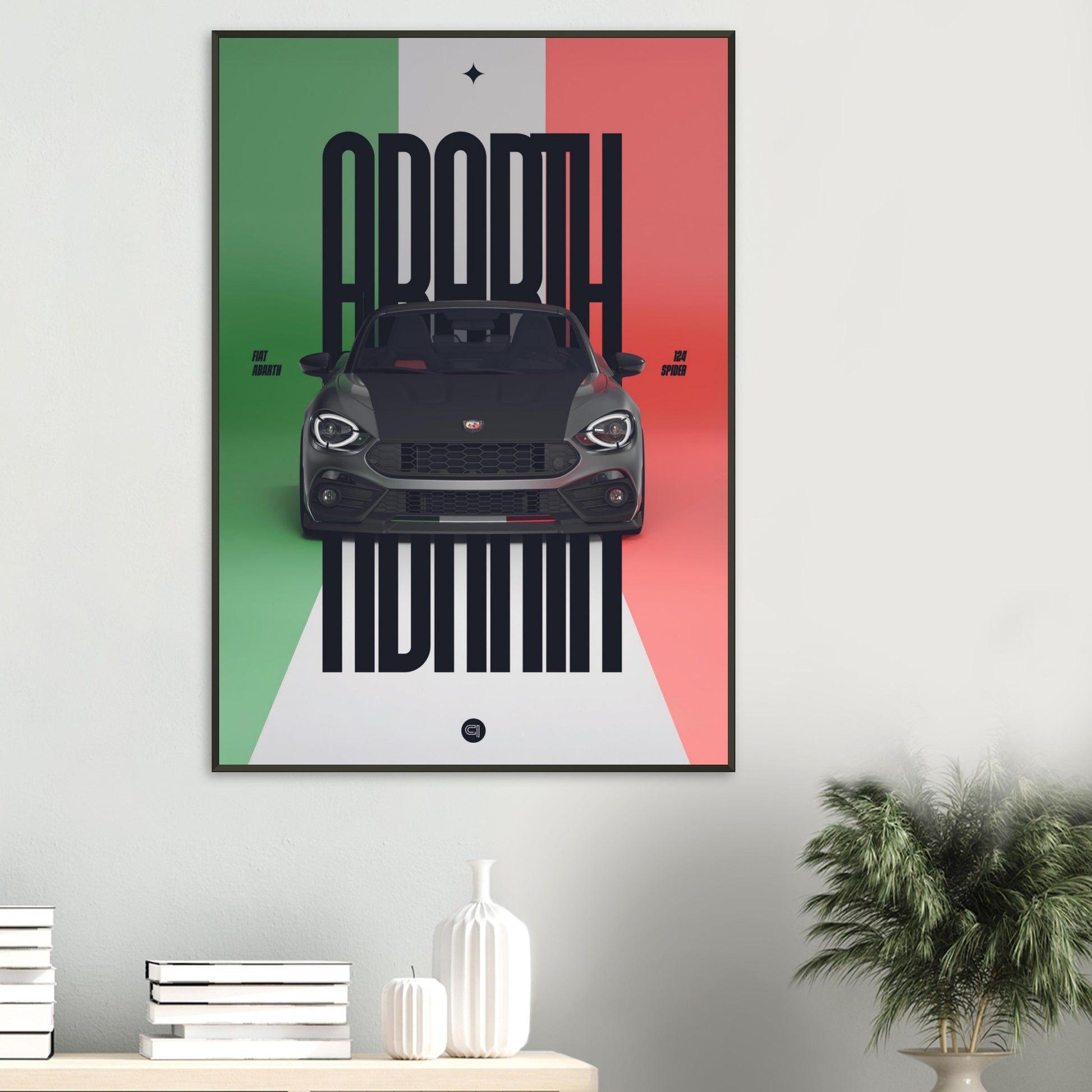 Framed Car Poster - Fiat Abarth 124 Spider - Italy black typo