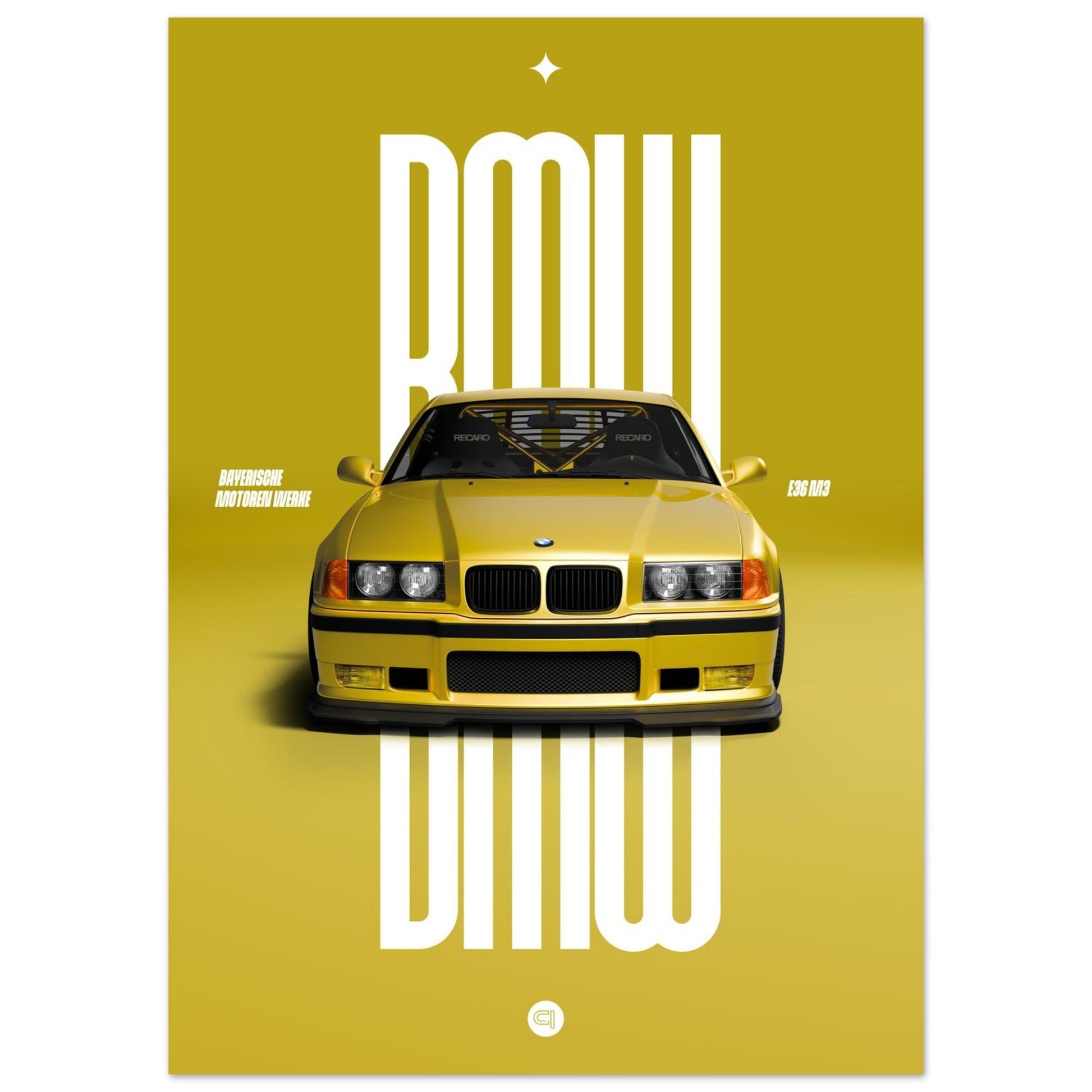 Car Poster - BMW E36 - Yellow
